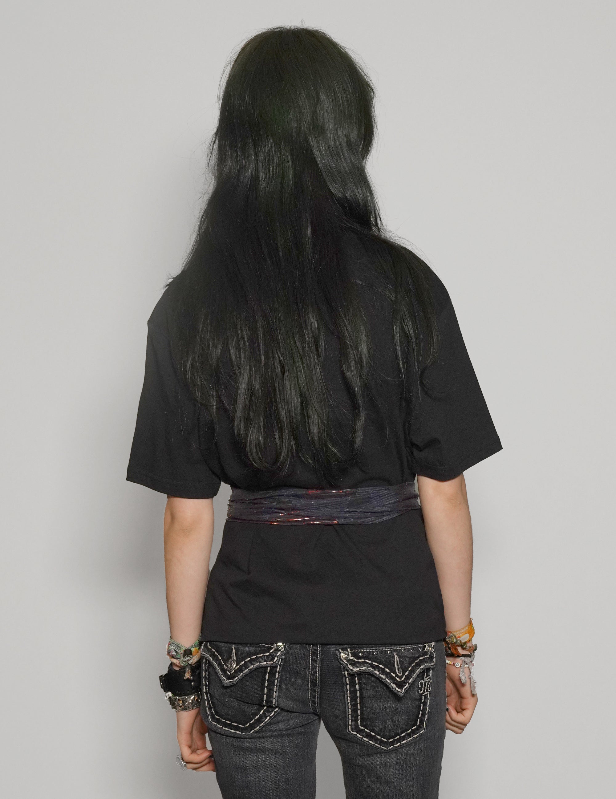 Women's Black T-Shirt with Blue & Gold Sequin Tie Waist | Stuart Trevor