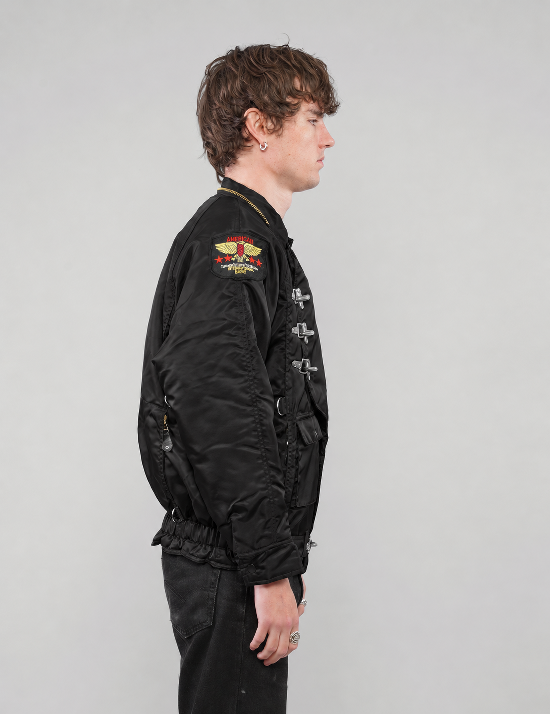 Black US Fireman’s Clasp-Front Hooded Jacket, back view with hood