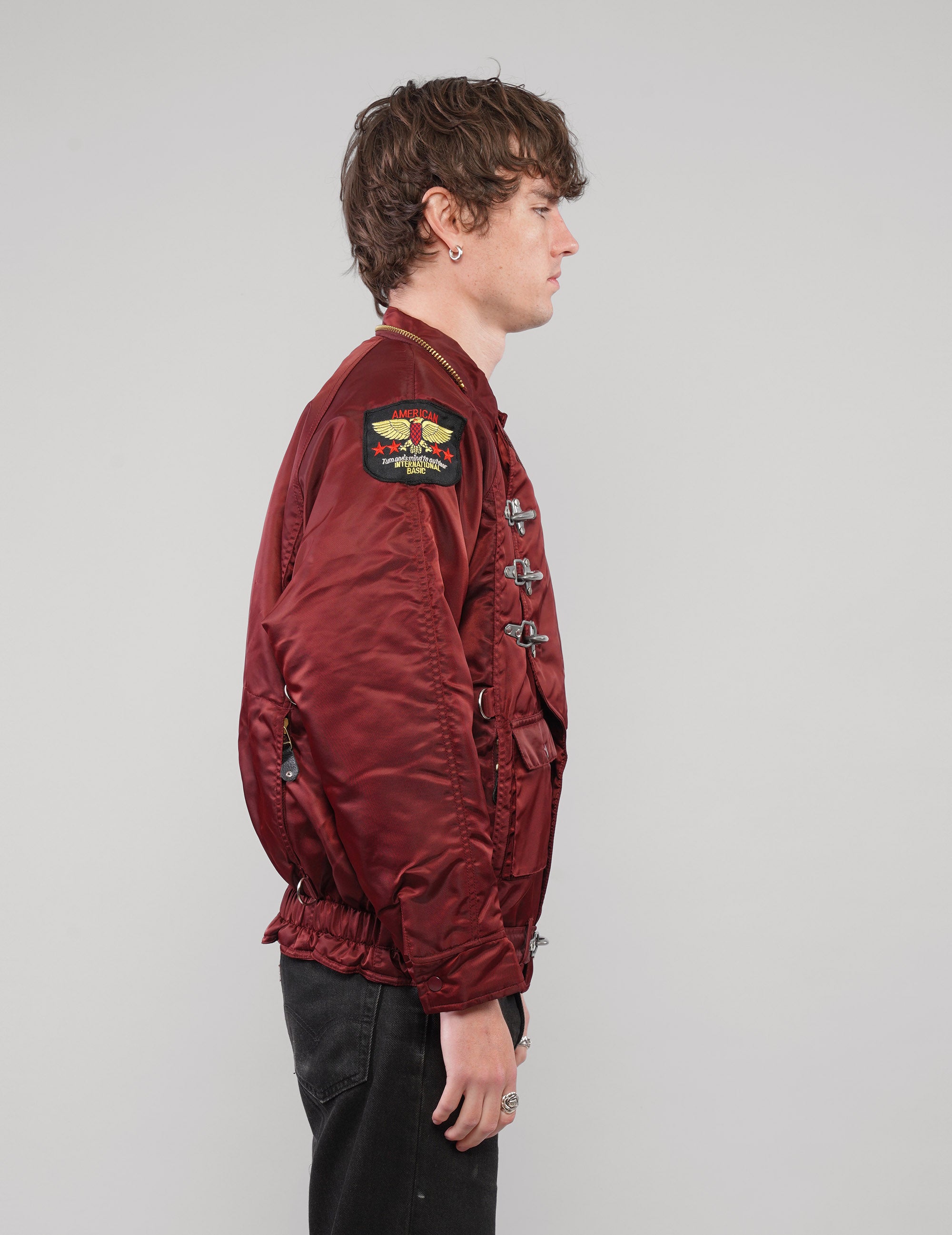 Clasp-Front Hooded Jacket in Burgundy; selected product photograph.