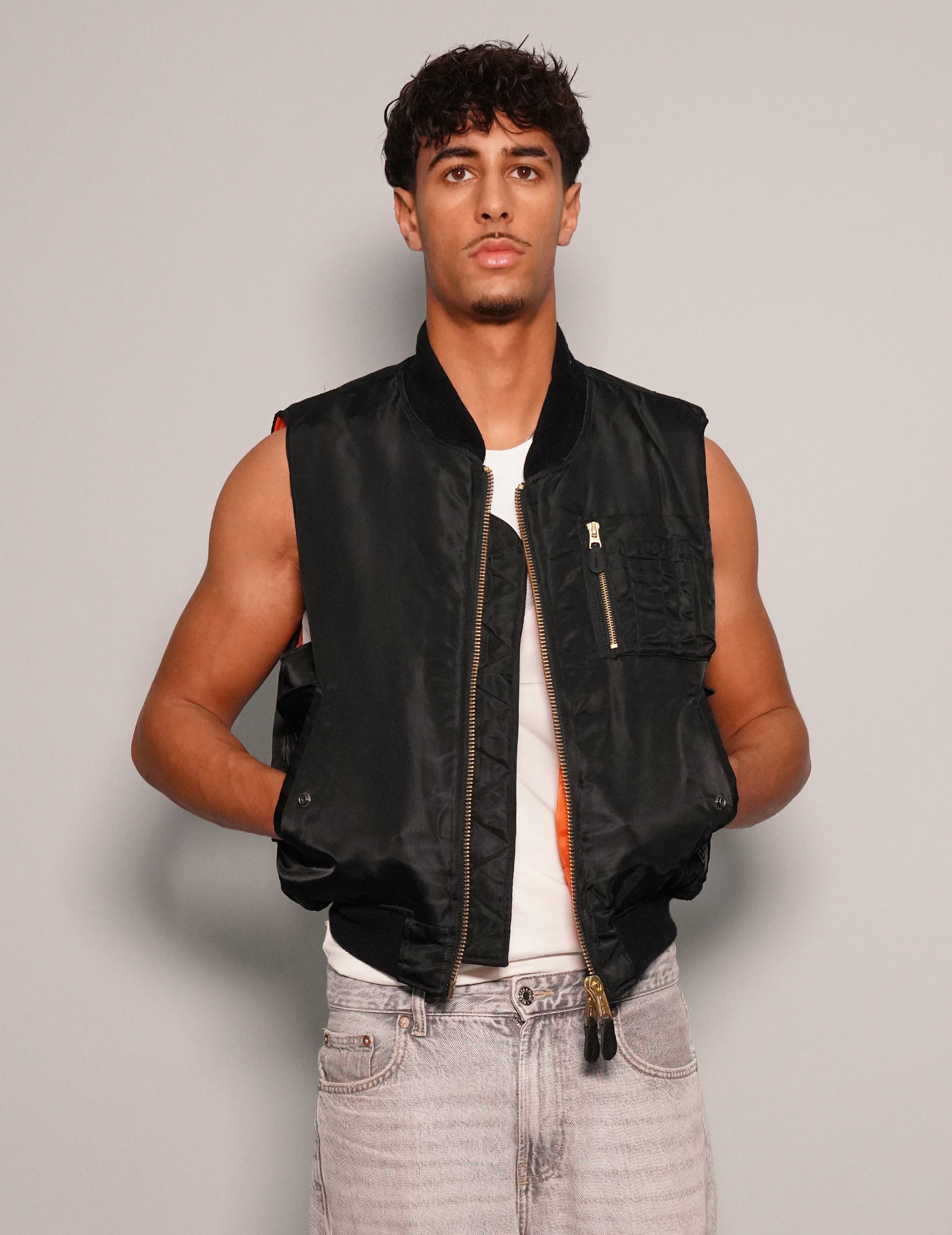 Men's Bomber Gilet Jacket in Black with Patch | Stuart Trevor