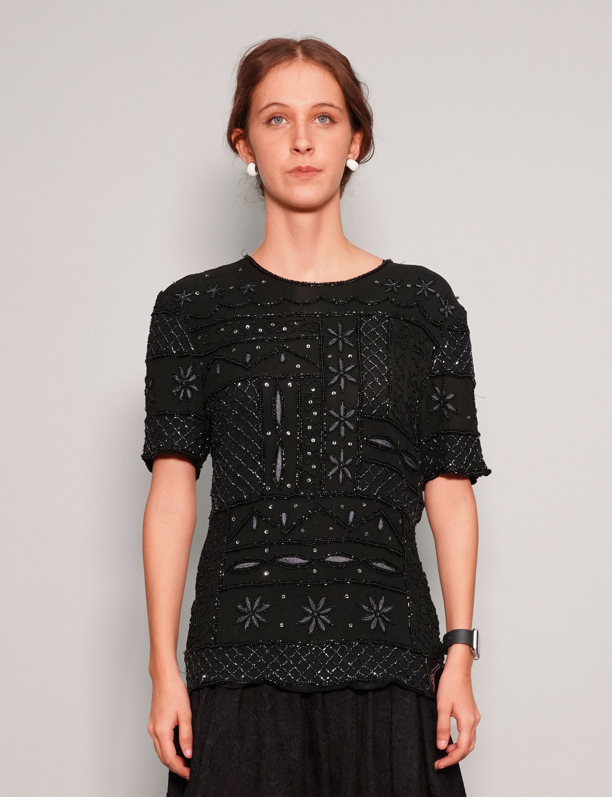 Women's Vintage Sequin Beaded Top in Black | Stuart Trevor