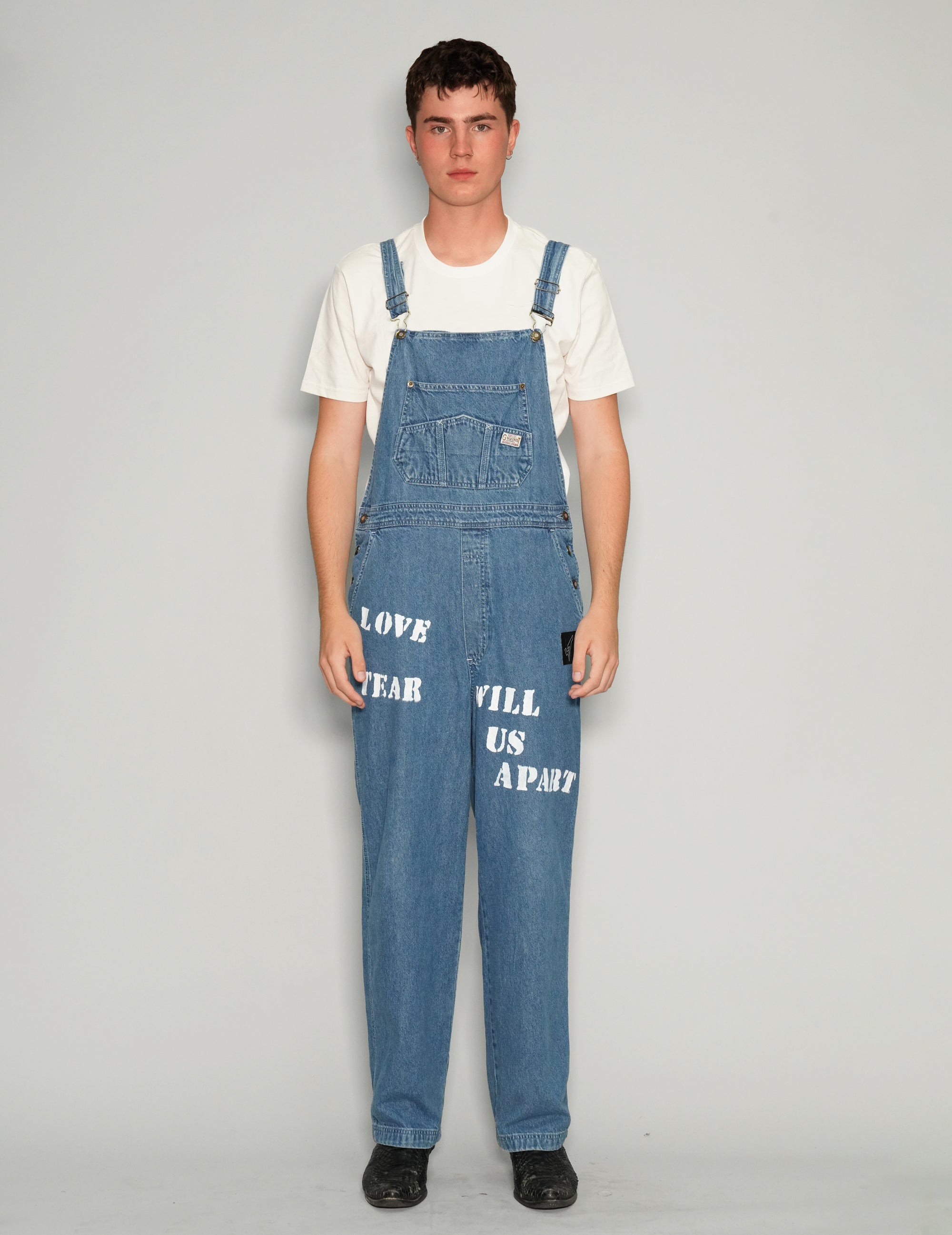 Men's Vintage Blue Denim Dungarees with Graphic Print | Stuart Trevor