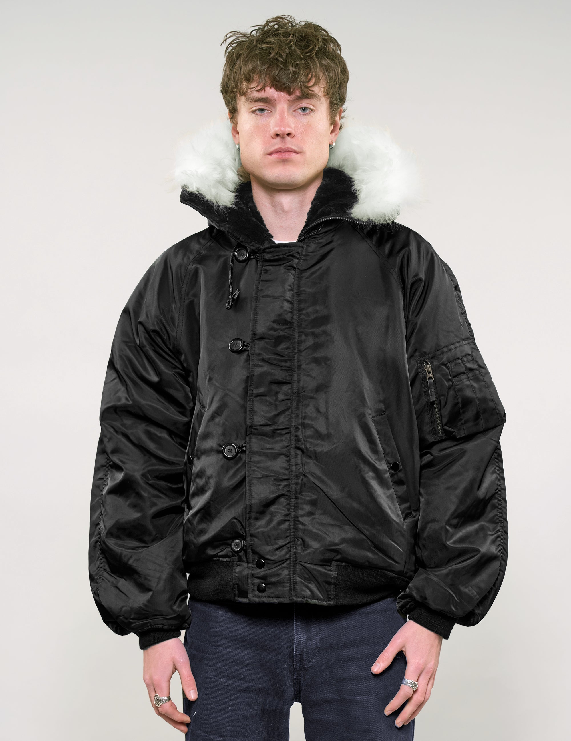 Zipped Hooded Flying Jacket in Black
