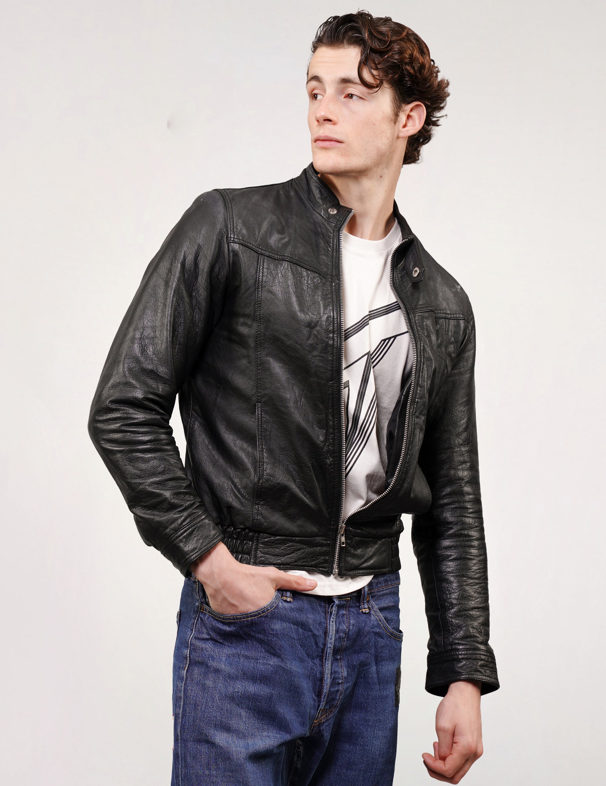 Vintage Style Black Leather Bomber Jacket
