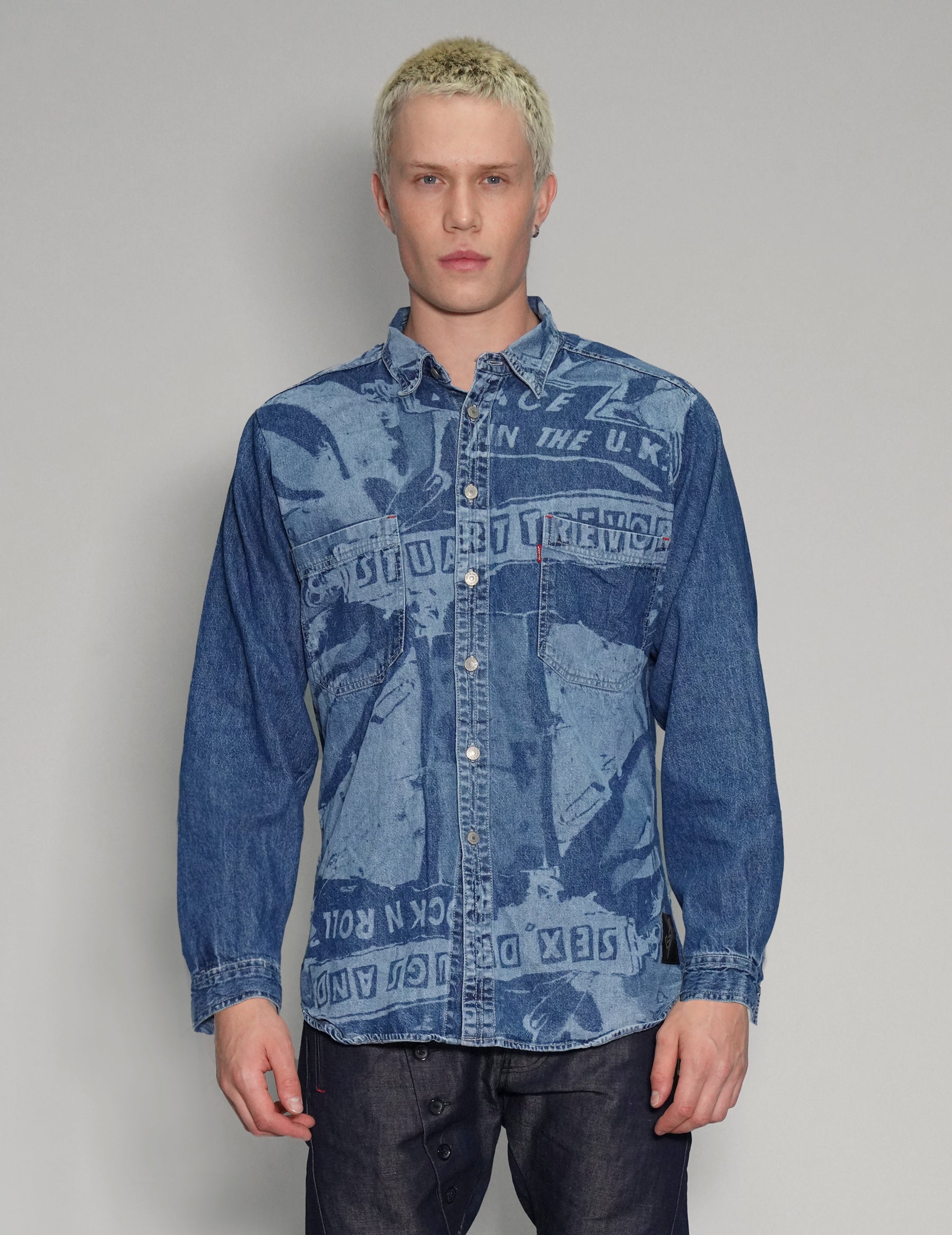 'Peace' Laser Print Denim Shirt in Blue