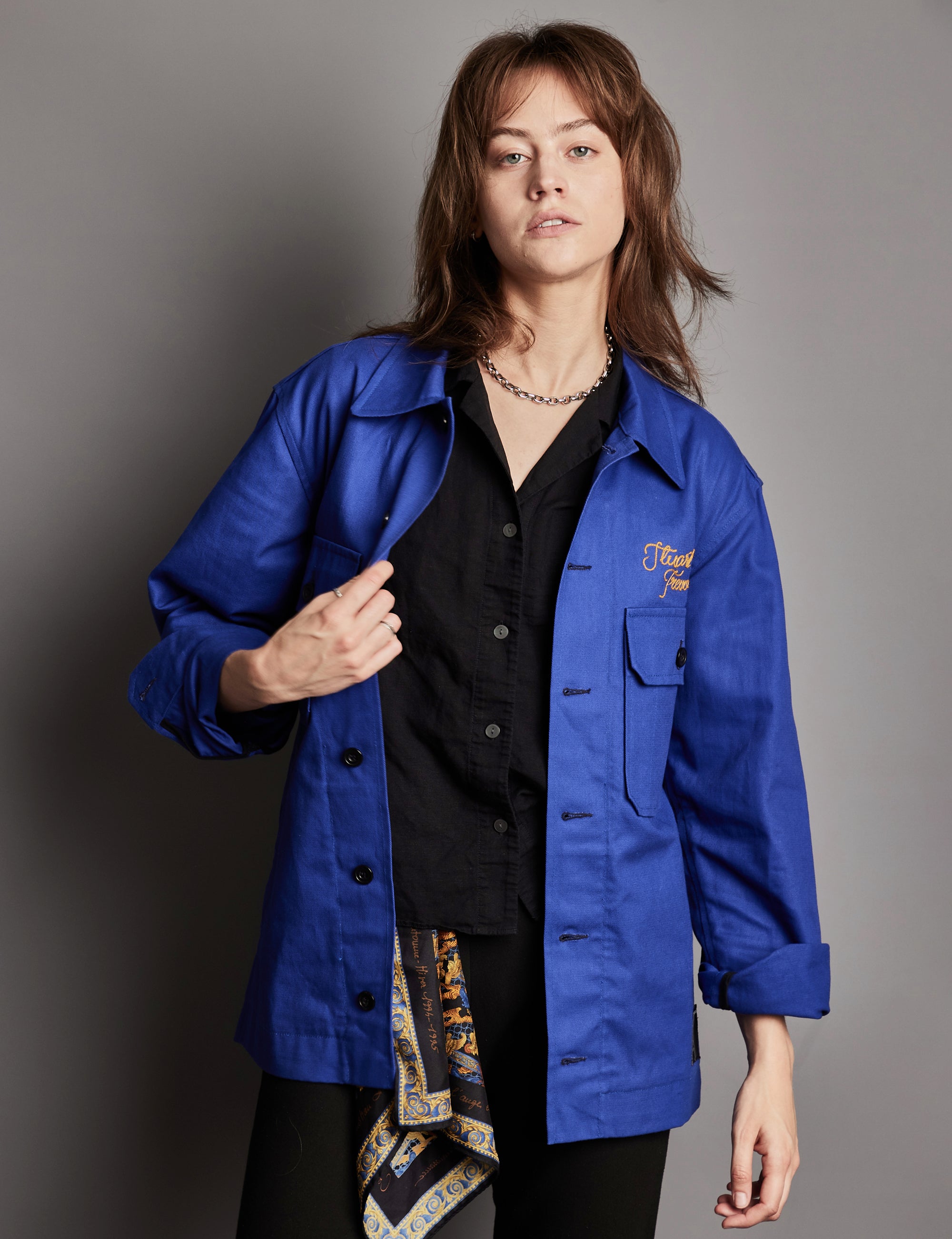 Cotton Workshirt with ST Embroidered in Electric Blue