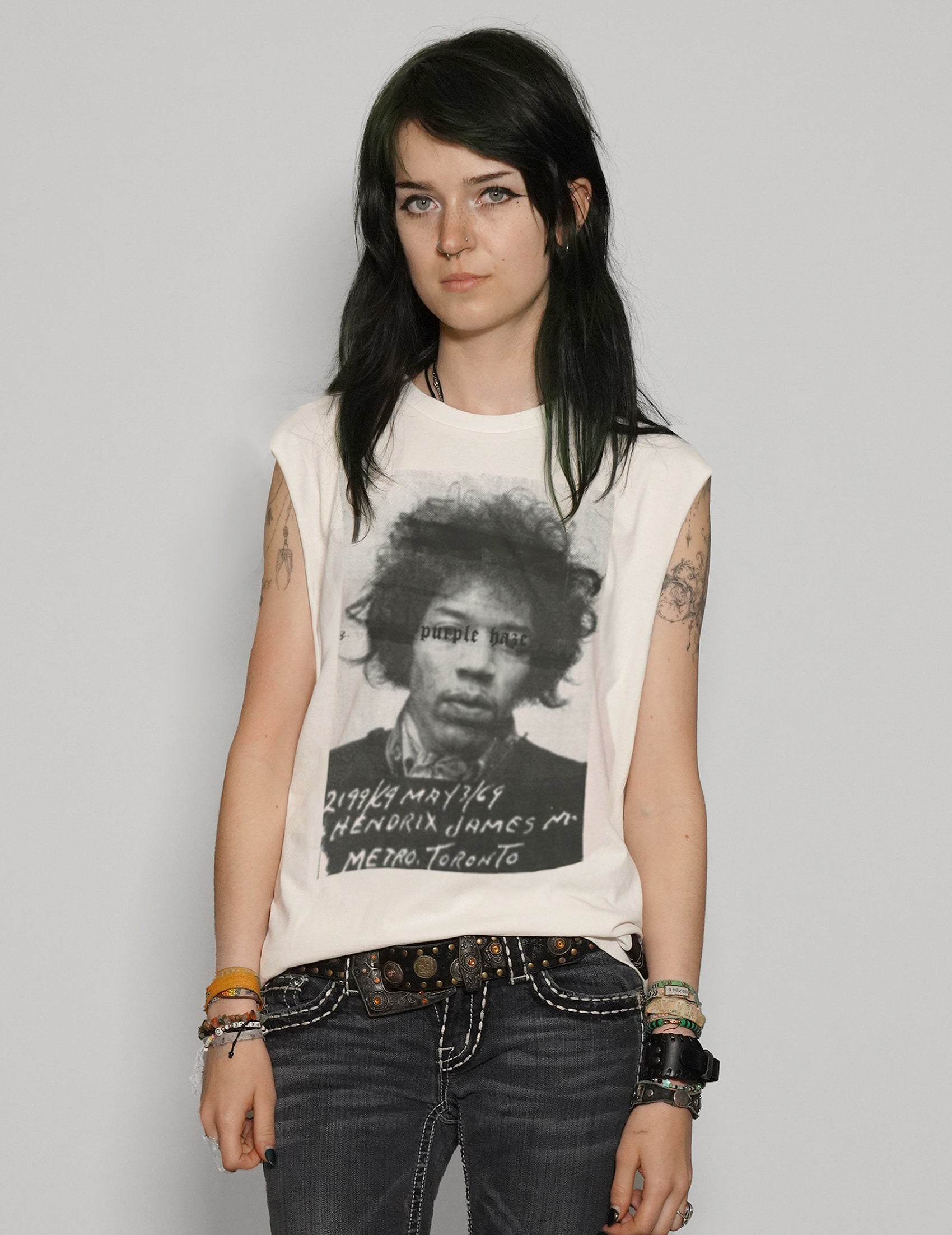Women's Graphic T-Shirt Vest with Jimi Hendrix Print in White | Stuart Trevor