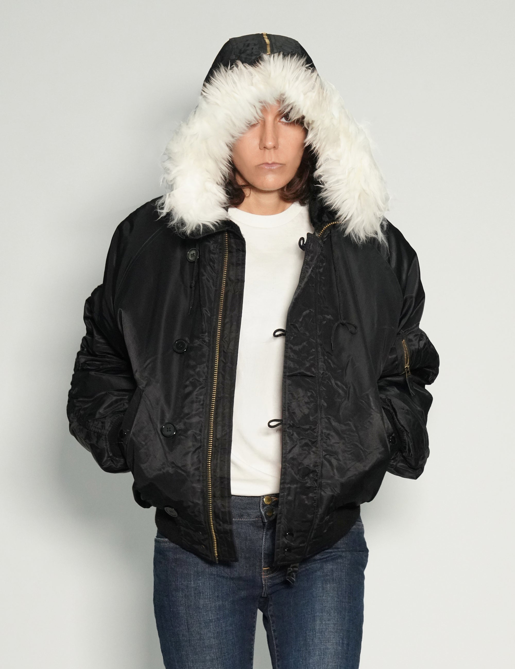 Zipped Hooded Flying Jacket in Black