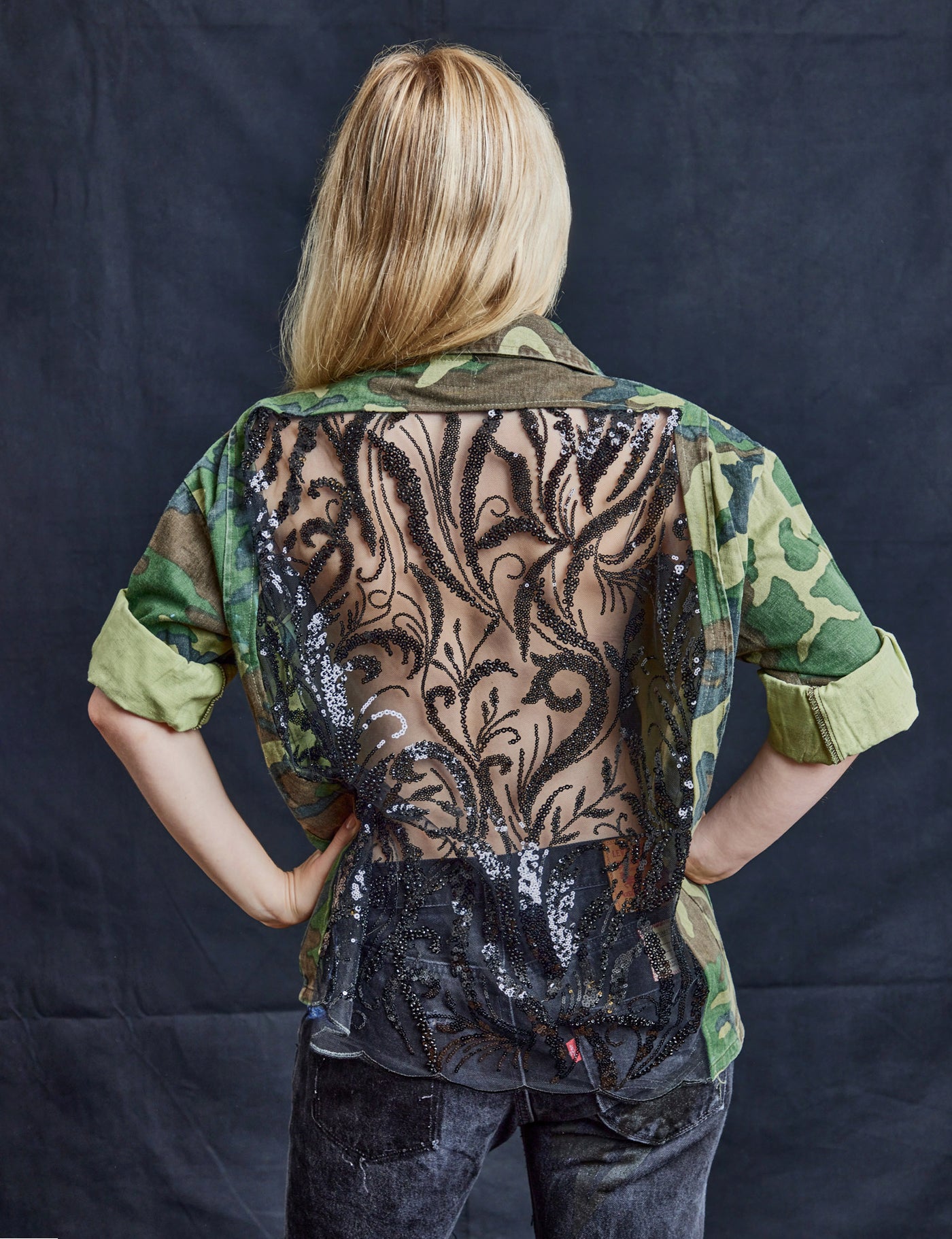 Party Back Shirt - Black Art-Deco Sequin - Long Sleeve Camo