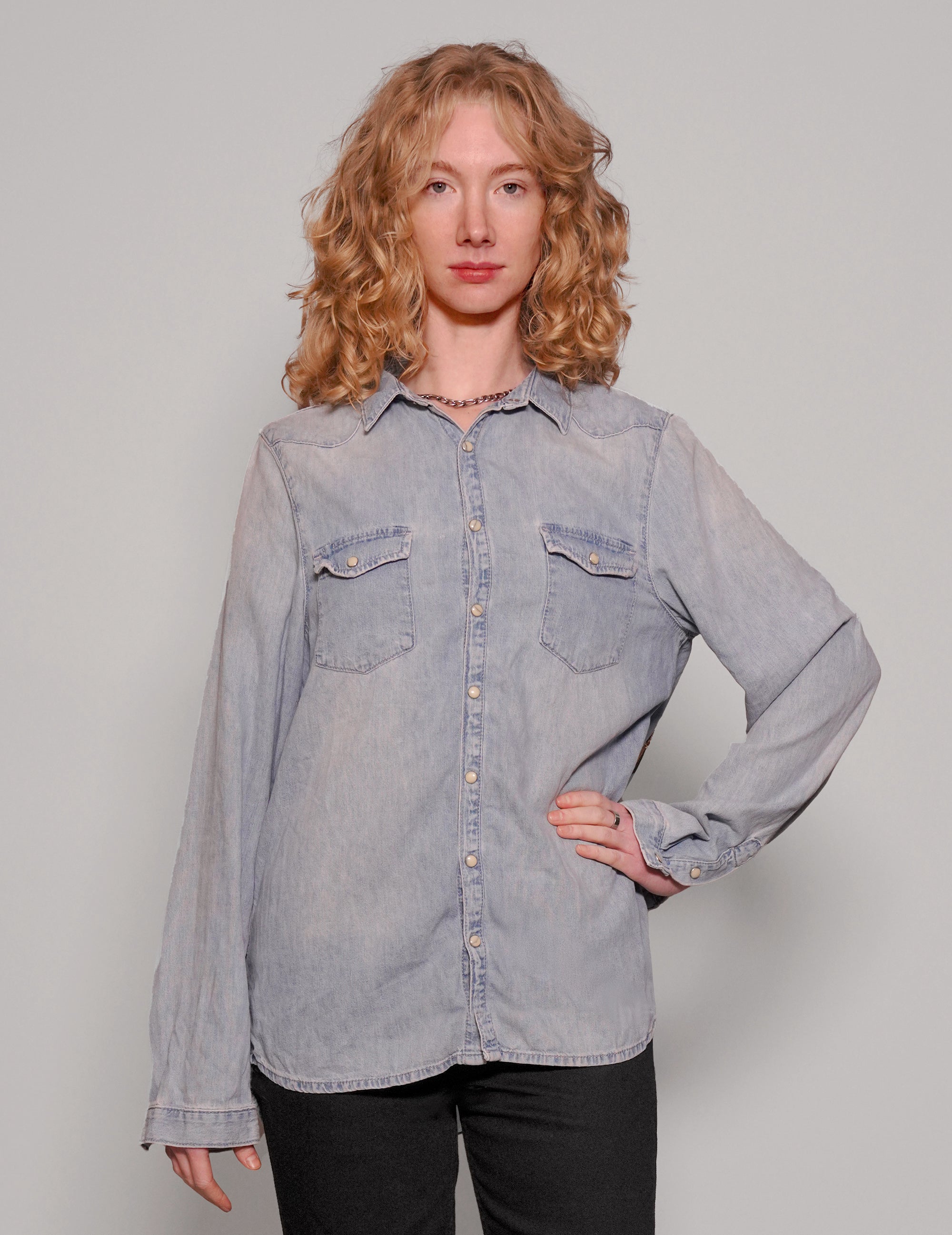 Party Back Shirt - Gold Star Sequin - Light Blue Denim