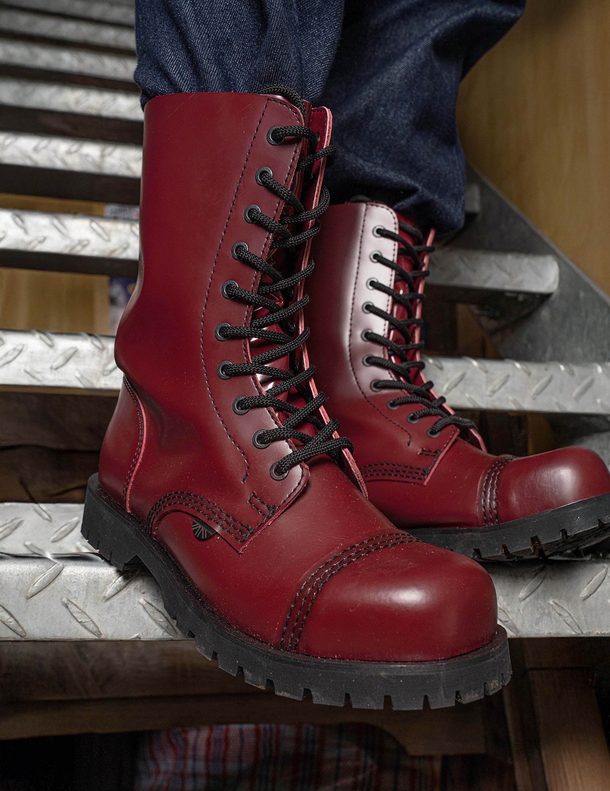 Underground Commando Steel Cap Boots in Cherry Red Leather