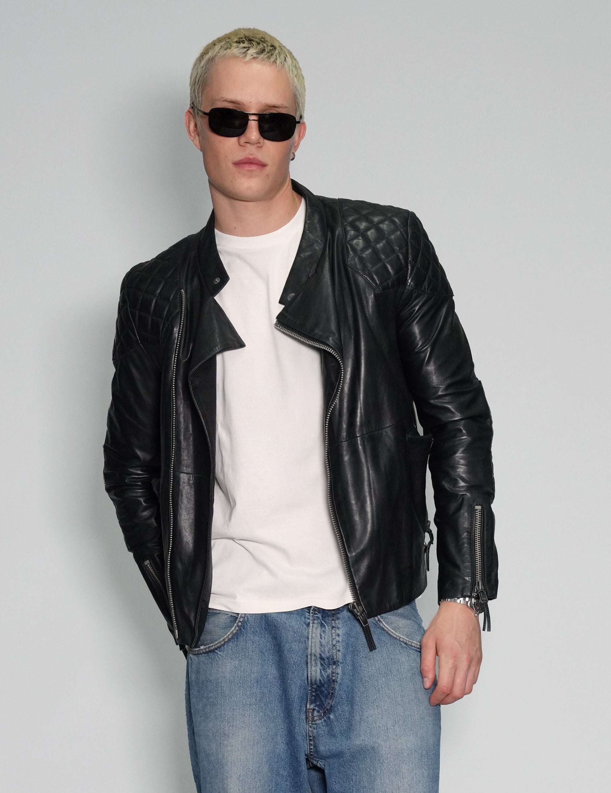 Men's Vintage Leather Biker Jacket with David Bowie Print | Stuart Trevor