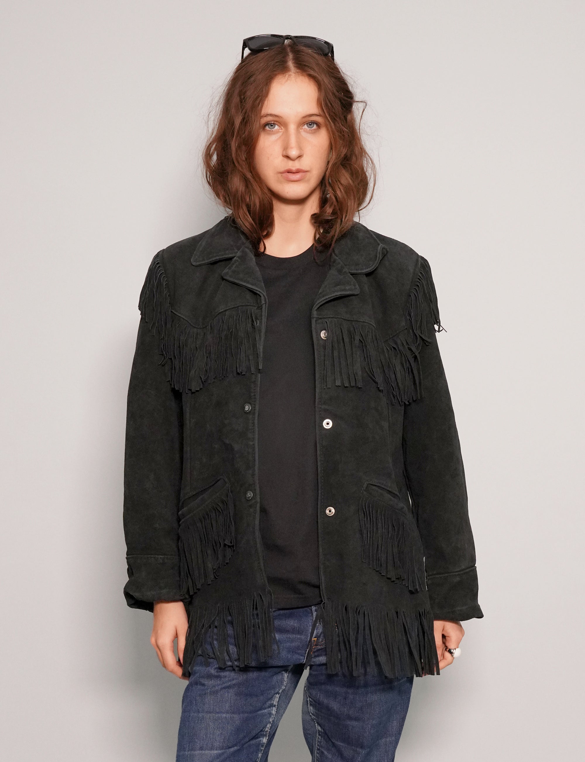 Women's Vintage Fringe Leather Jacket in Black | Stuart Trevor