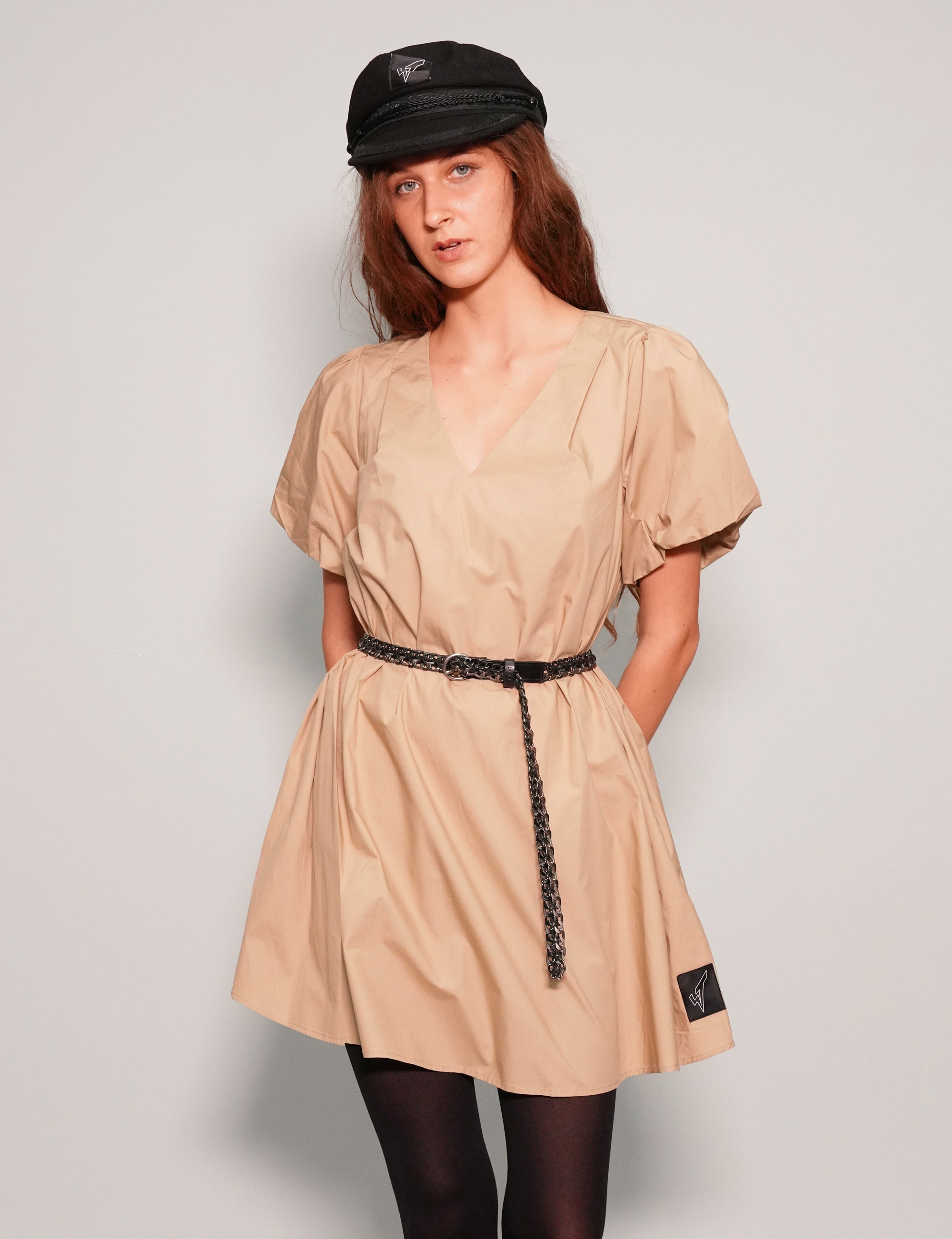 Women's Mini Smock Dress with Puff Sleeves in Beige| Stuart Trevor