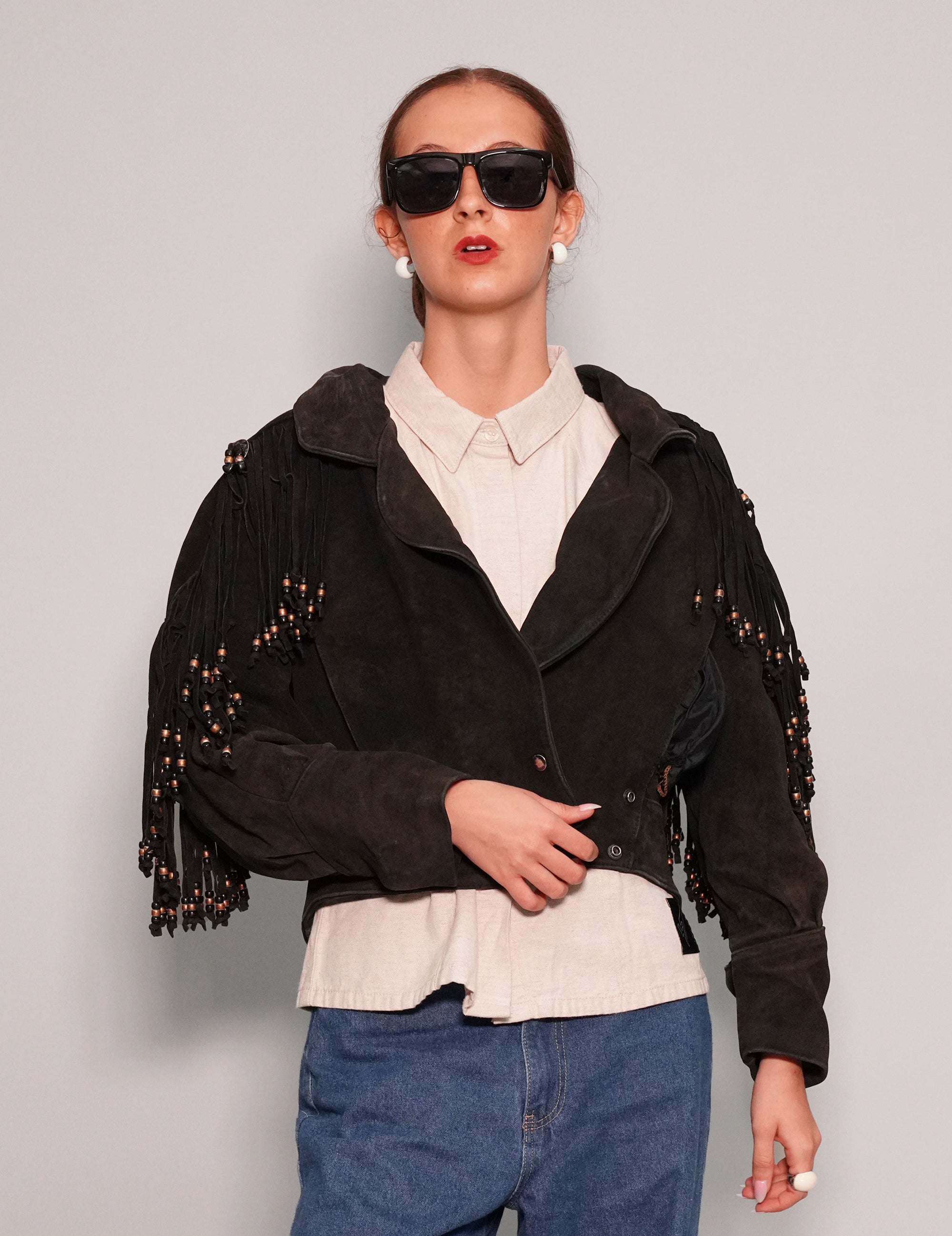 Women's Vintage Suede Beaded Fringe Cowgirl Jacket in Black | Stuart Trevor