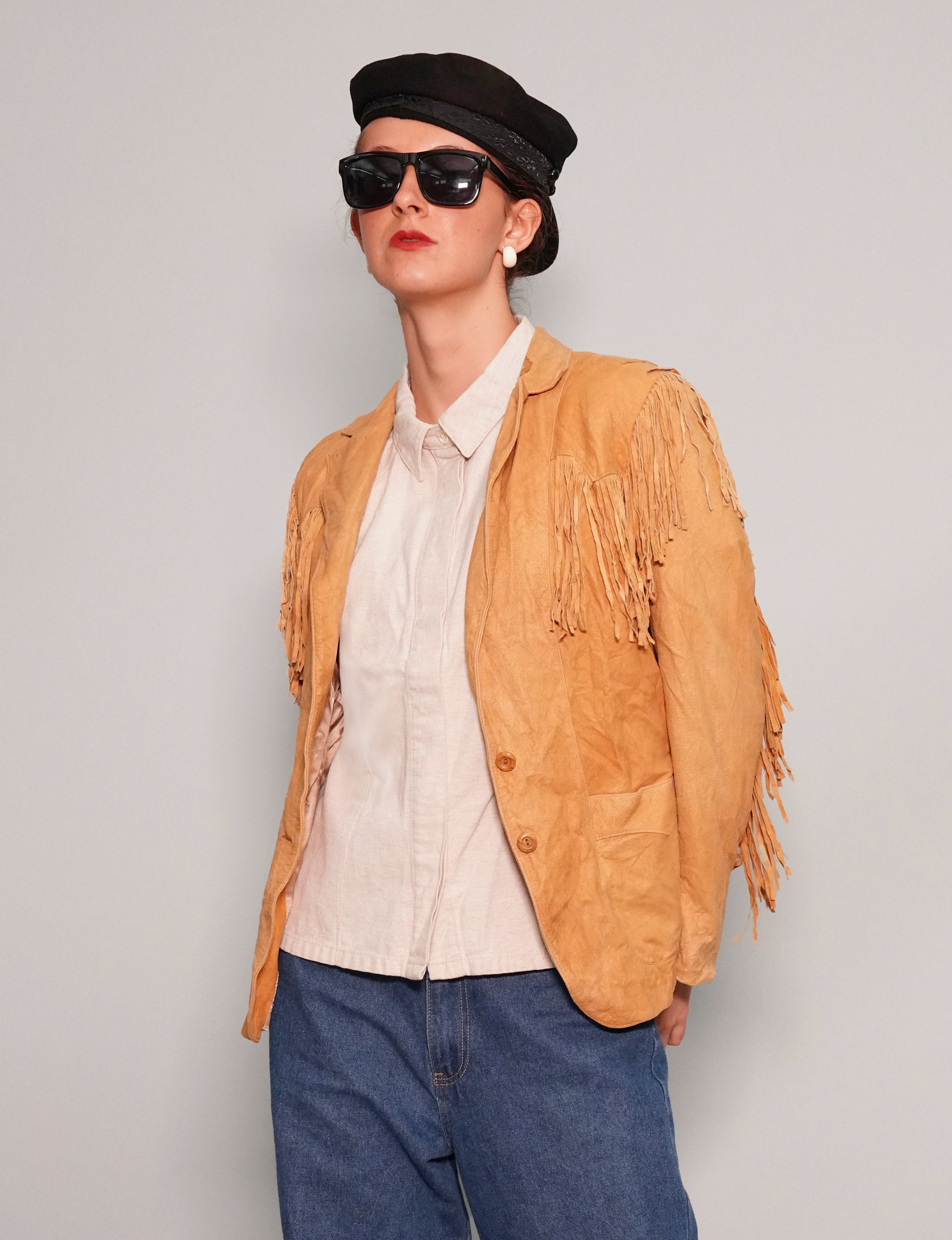 Women's Vintage Fringe Leather Cowgirl Jacket in Yellow | Stuart Trevor