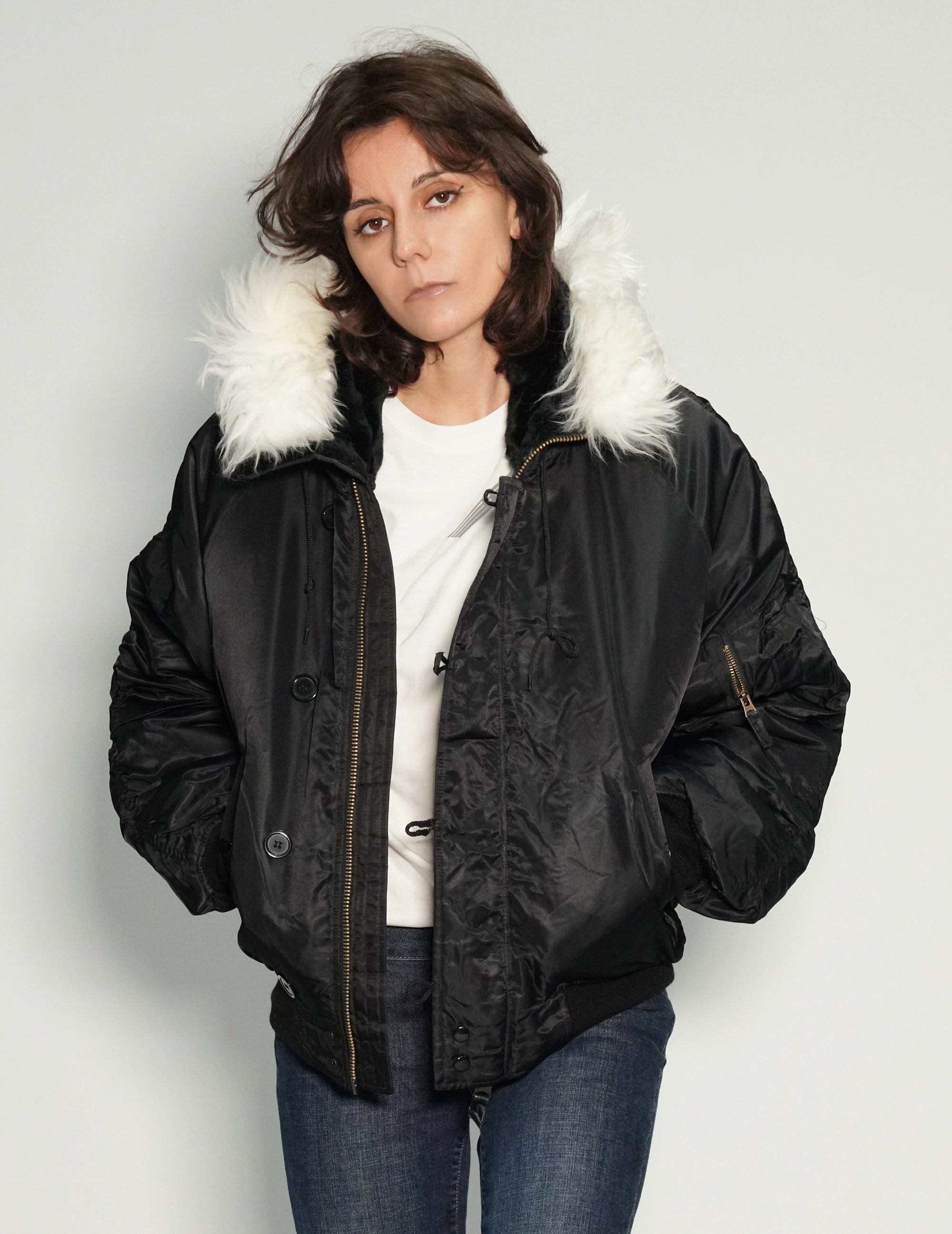 Women's Vintage Flying Jacket with Fur Hood in Black | Stuart Trevor