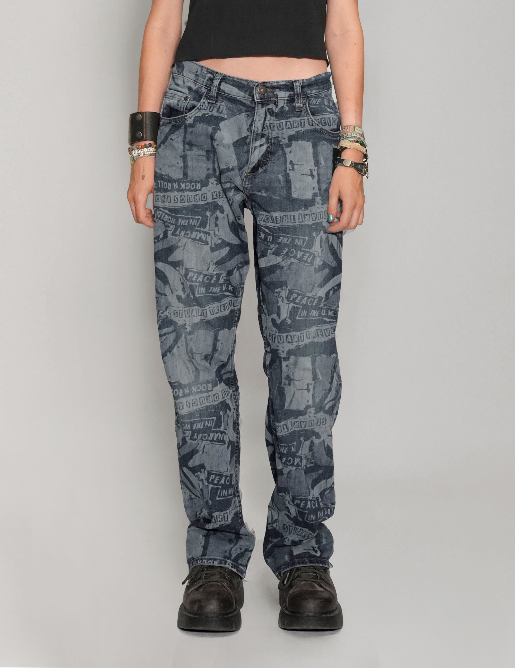 'Peace' Laser Print Jeans in Indigo