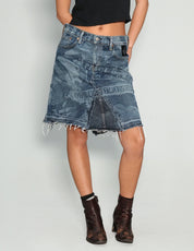 'Peace' Laser Print Denim Jean Skirt in Blue