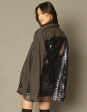 Party Back Shirt - Black Sequin - Long Sleeve Chambray