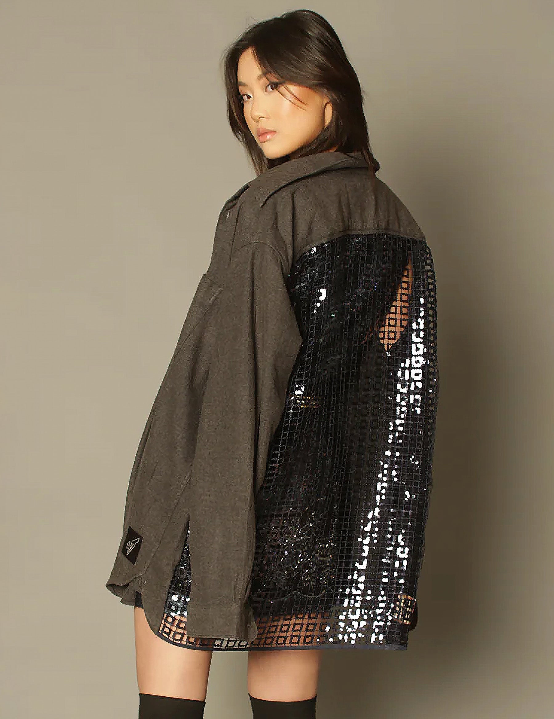 Party Back Shirt - Black Sequin - Long Sleeve Chambray