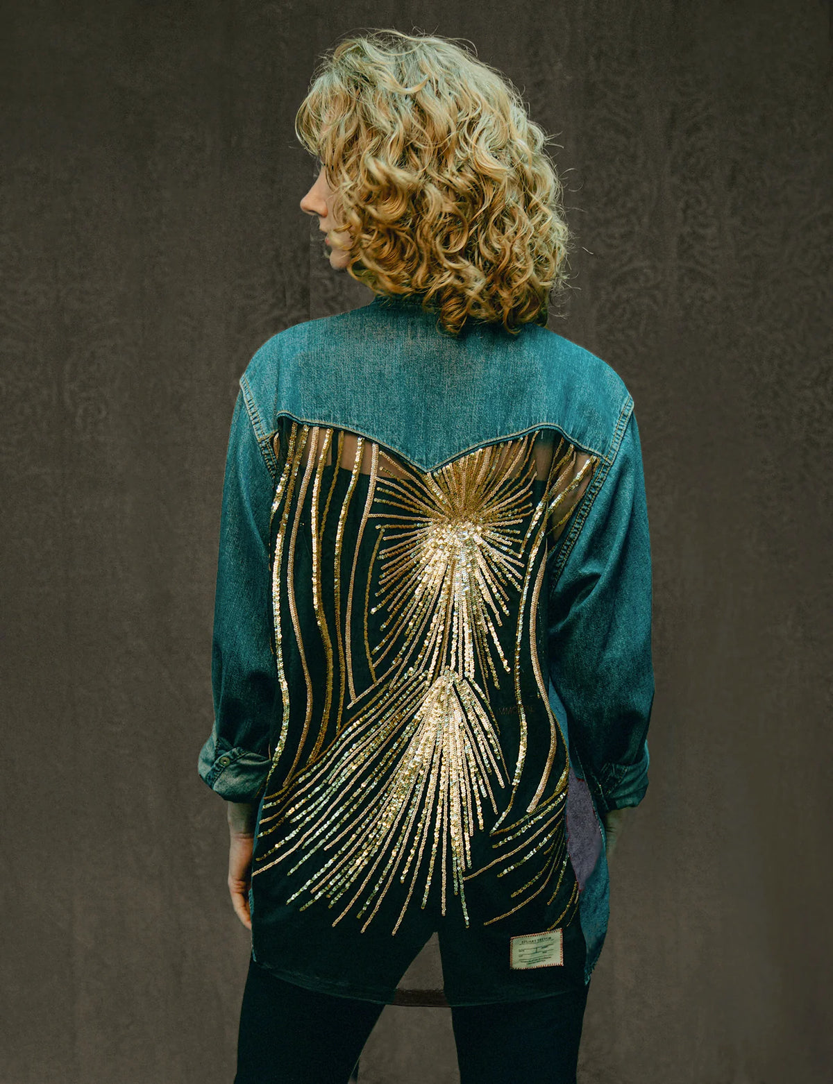 Party Back Shirt Gold Sequin Denim