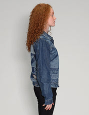 'Peace' Laser Print Denim Jacket in Blue