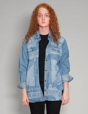 'Peace' Laser Print Denim Shirt in Light Blue
