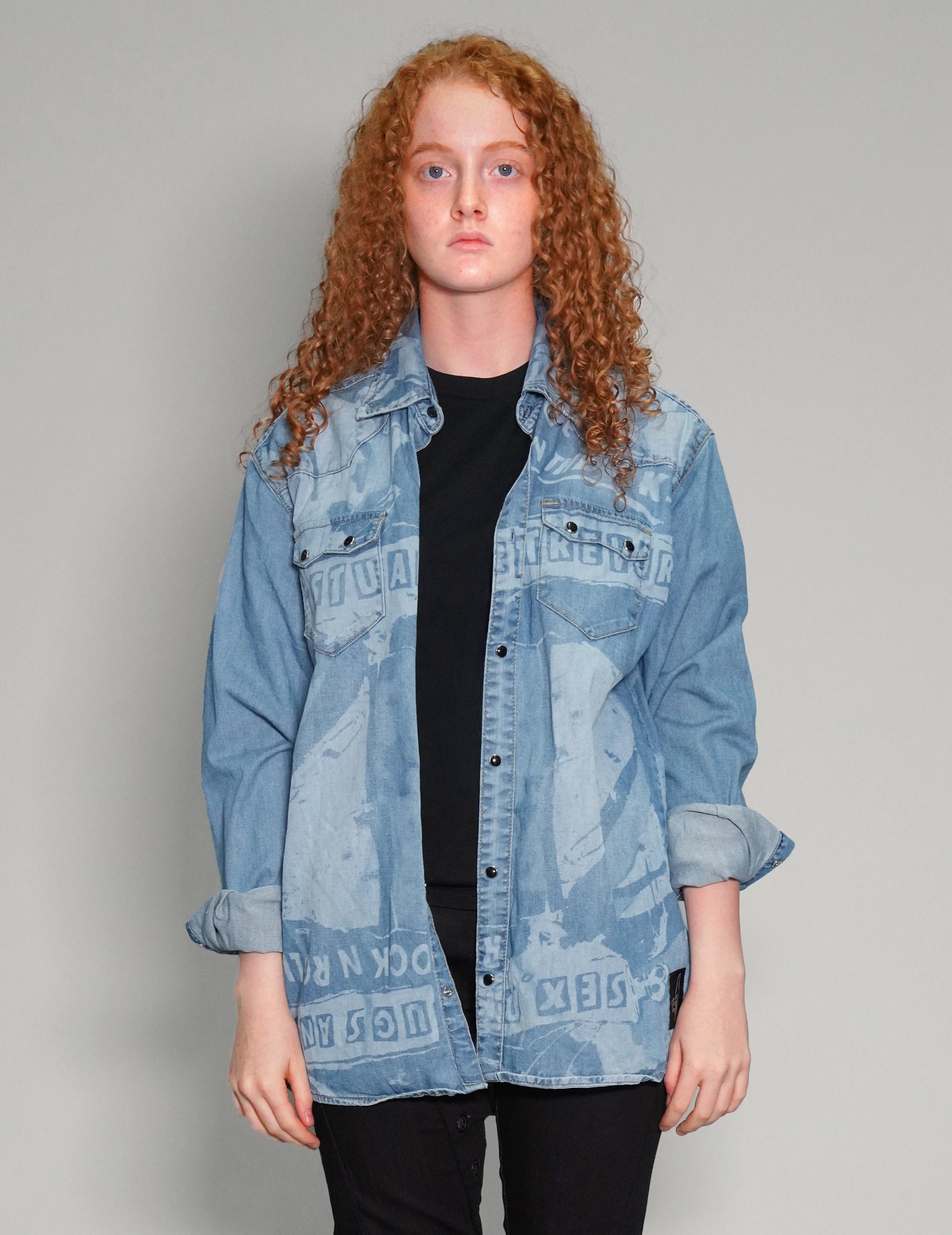 'Peace' Laser Print Denim Shirt in Light Blue