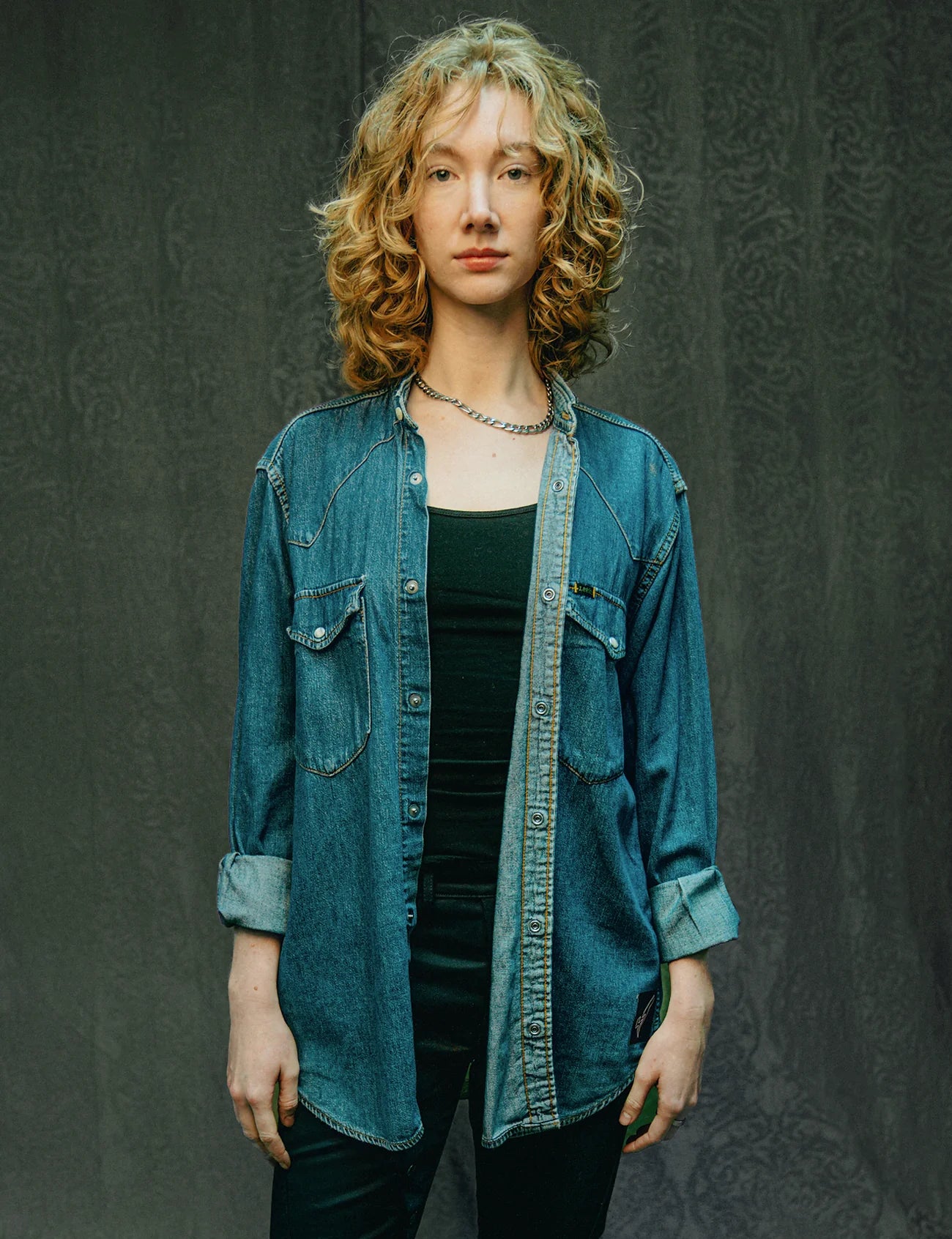 Women's Vintage Blue Denim Shirt with Black Sequin Sheer Back | Stuart Trevor