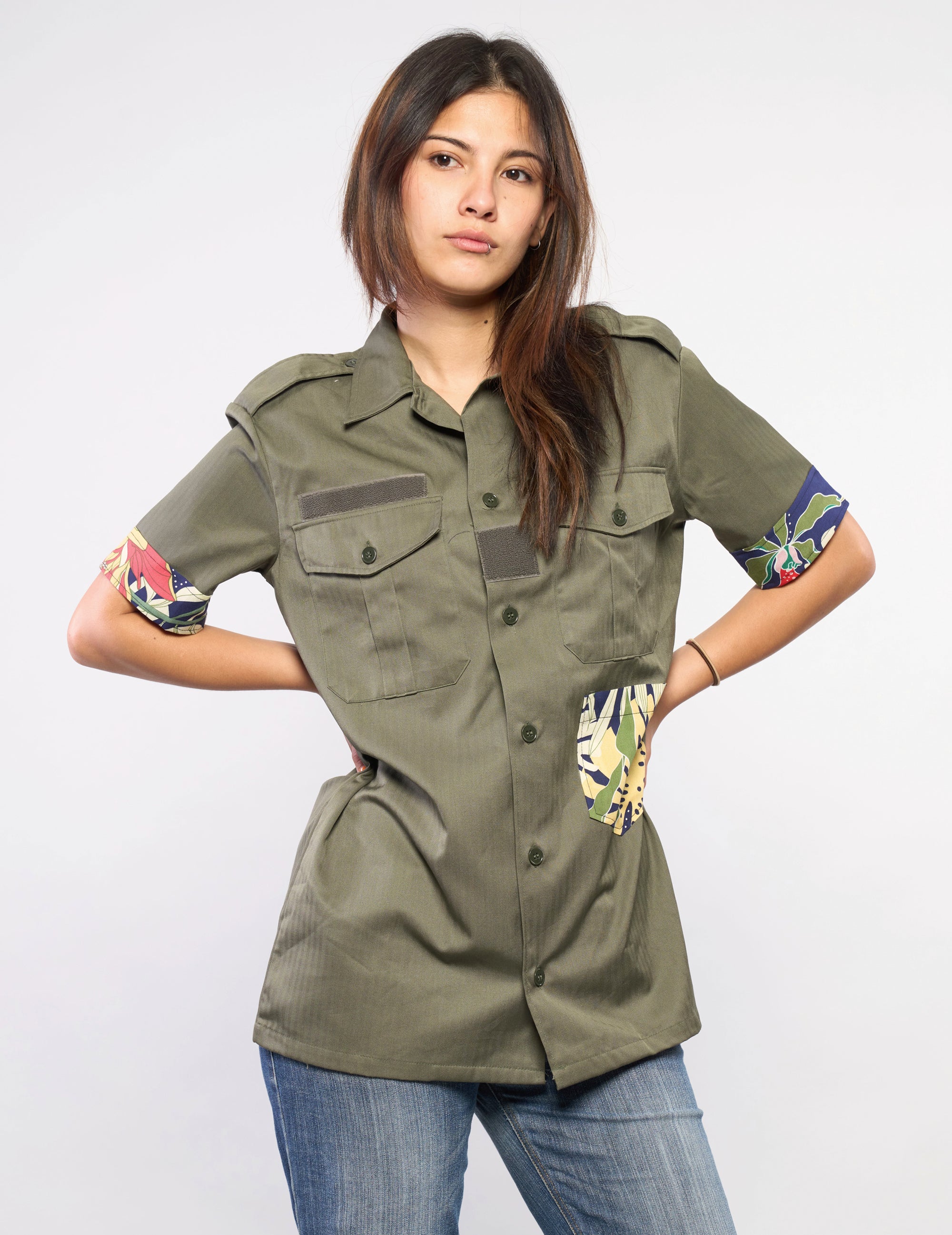 Tropical Patch Military Shirt in Olive Green