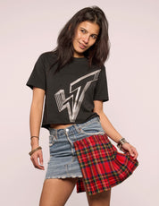 Tartan Patch Denim Skirt with Safety Pin Trim
