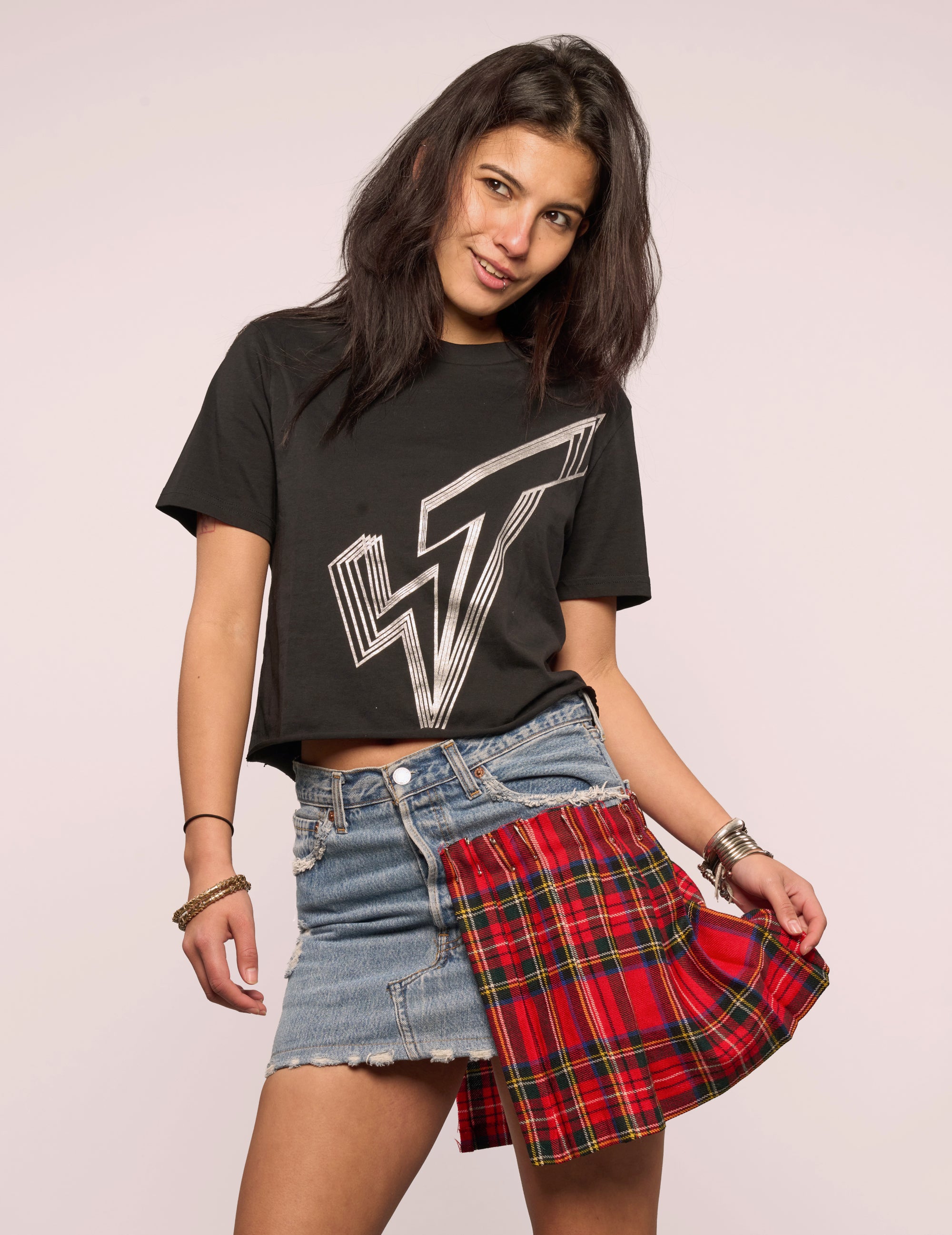 Tartan Patch Denim Skirt with Safety Pin Trim