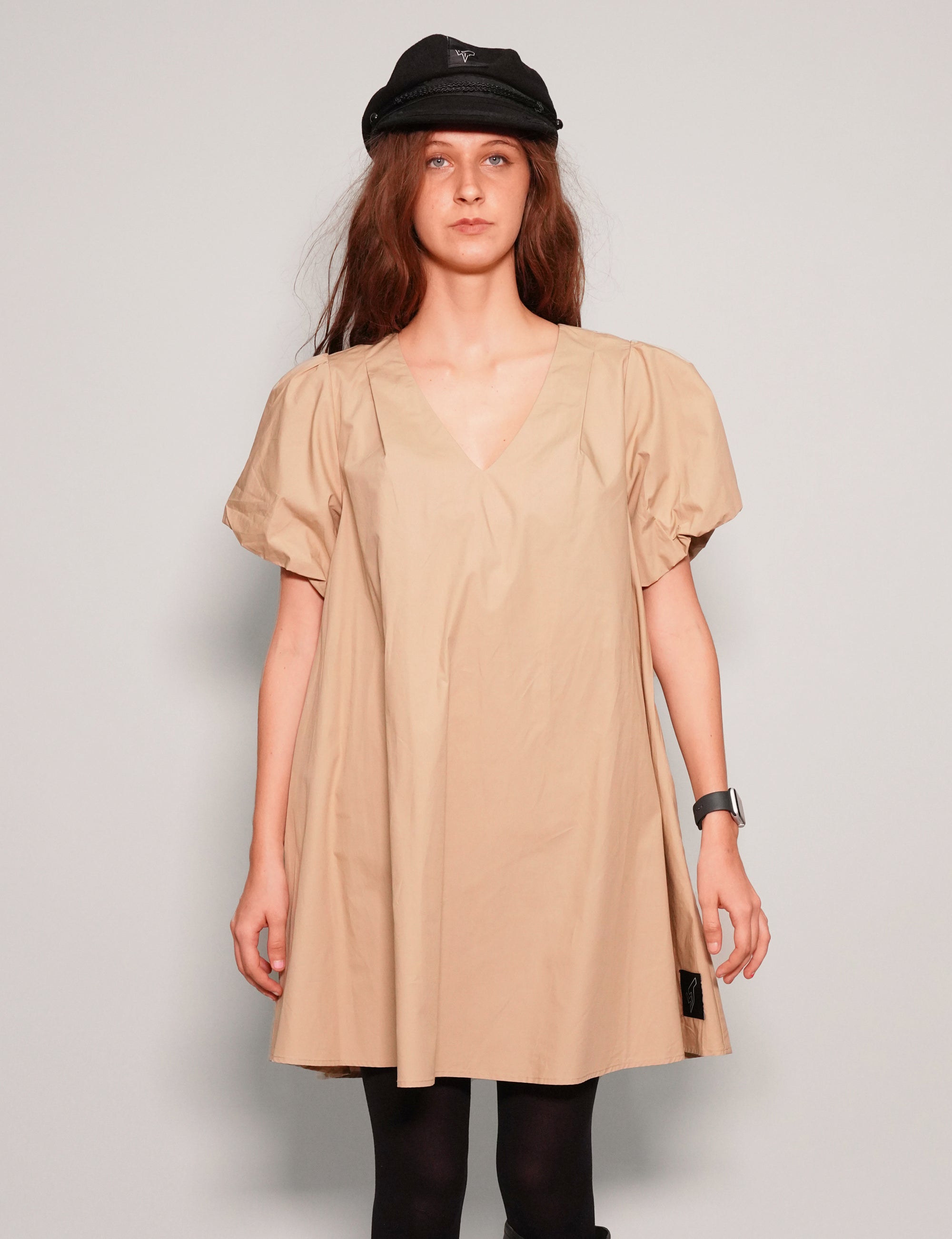 Women's Mini Smock Dress with Puff Sleeves in Beige| Stuart Trevor