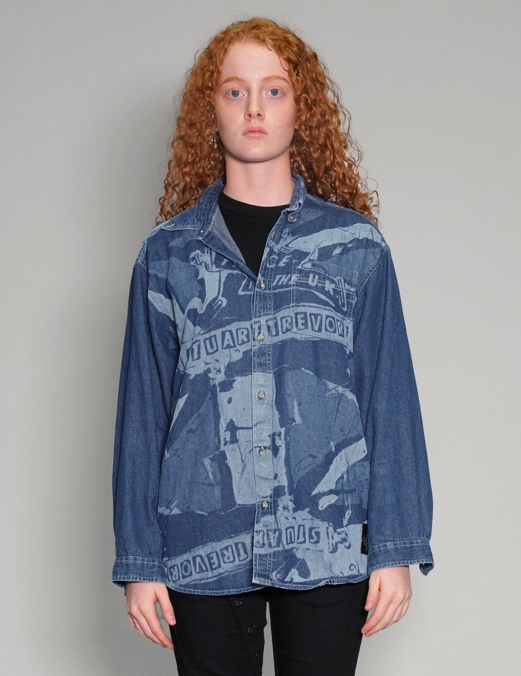 'Peace' Laser Print Denim Shirt in Blue