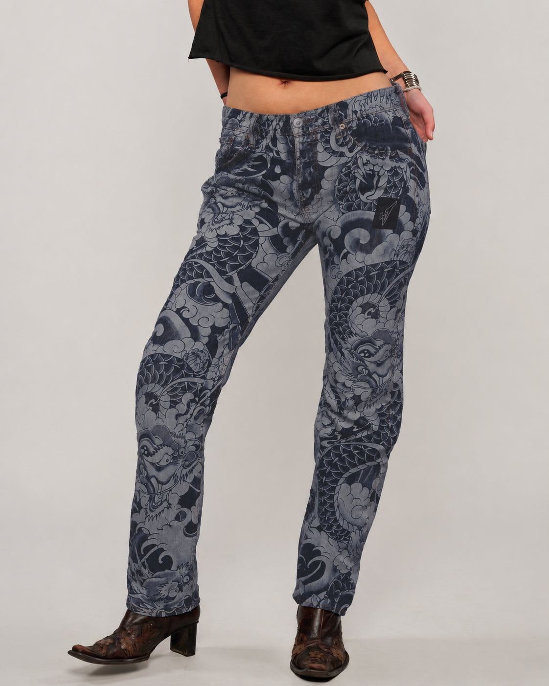 Dragon Tattoo Laser Print Jeans - Dark Denim