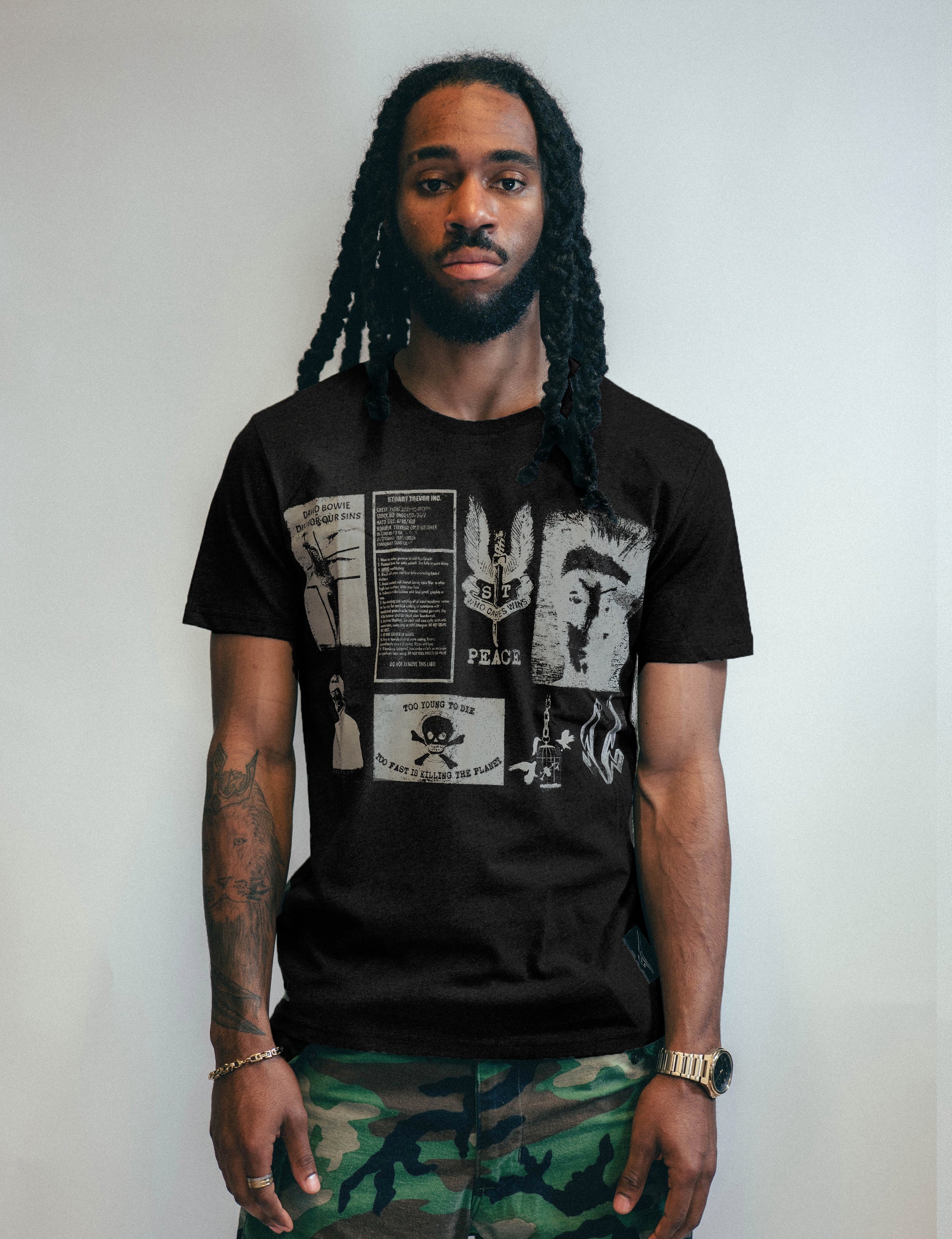 Men's Black Cotton T-Shirt with Graphic David Bowie Print | Stuart Trevor