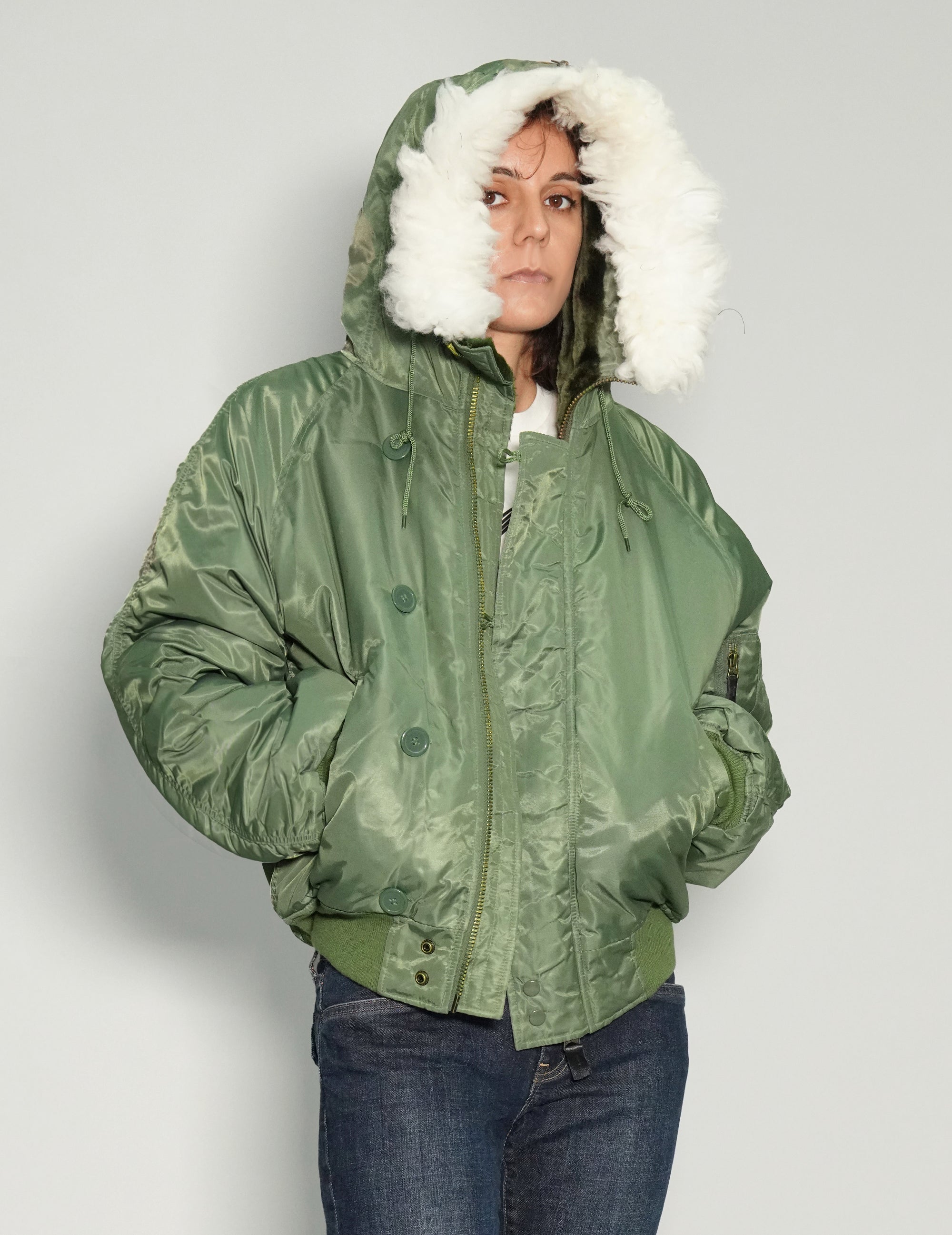 Zipped Hooded Flying Jacket in Green