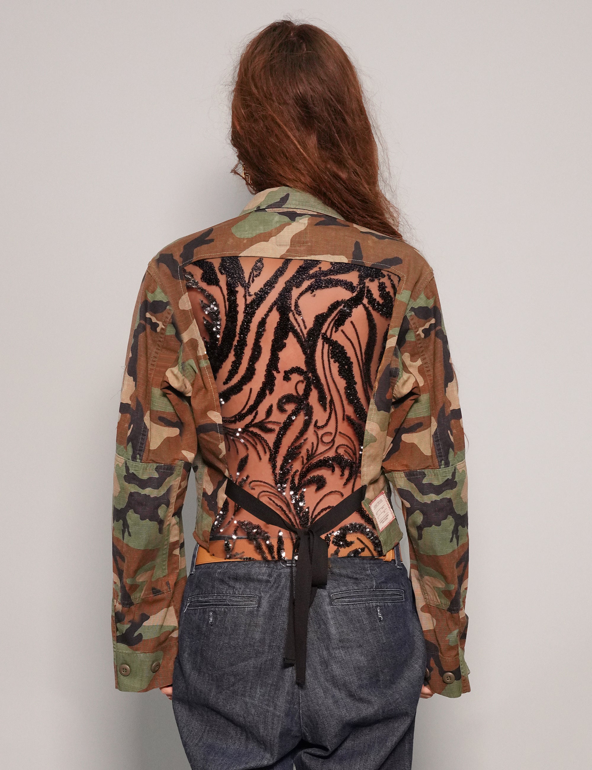 Women's Vintage Cropped Camo Army Shirt with Black Sequin Sheer Back | Stuart Trevor