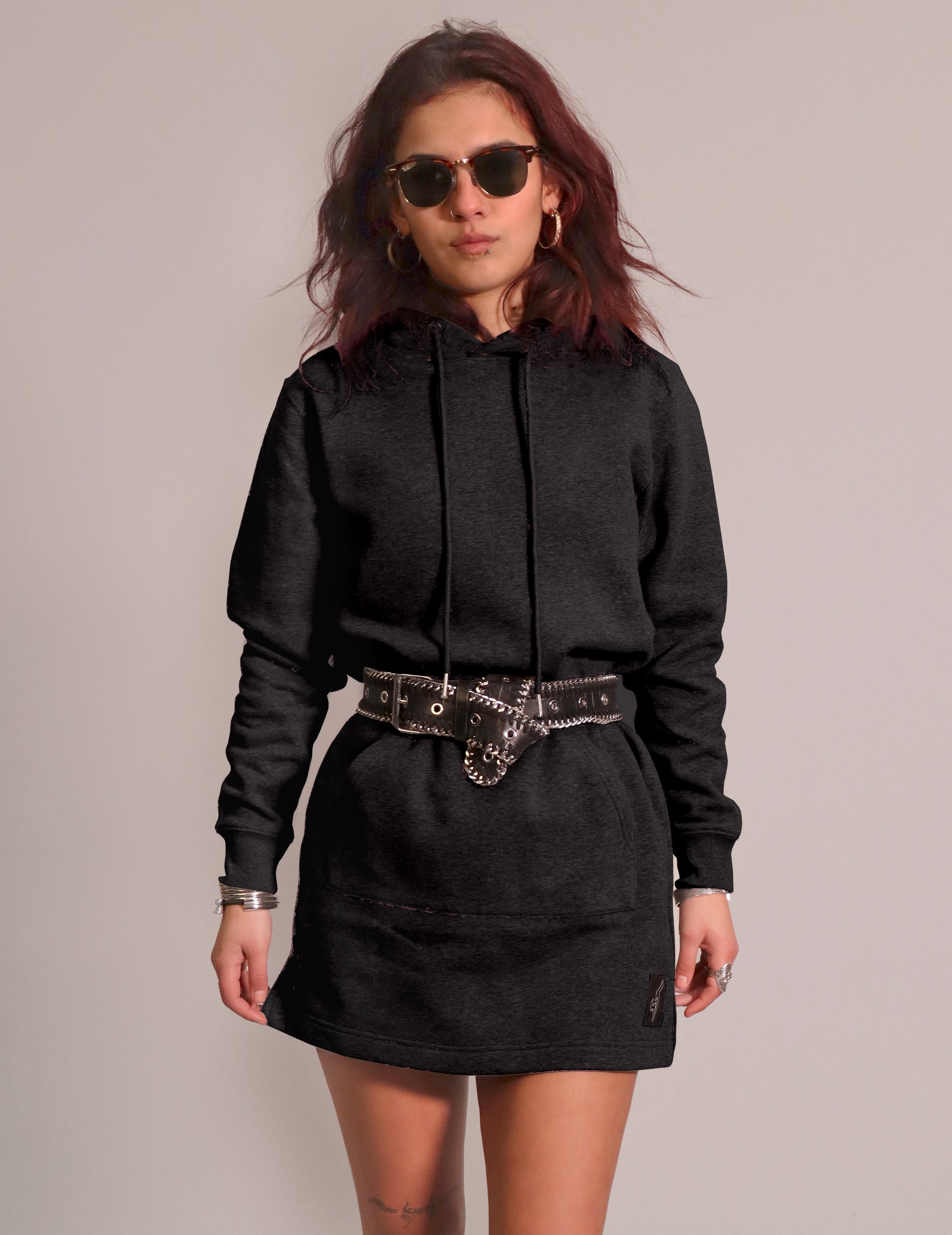 Womens Black Hoodie Dress with Black Sequin Lace Back Stuart Trevor Womens Black Hoodie Dress with Black Sequin Lace Back Stuart Trevor