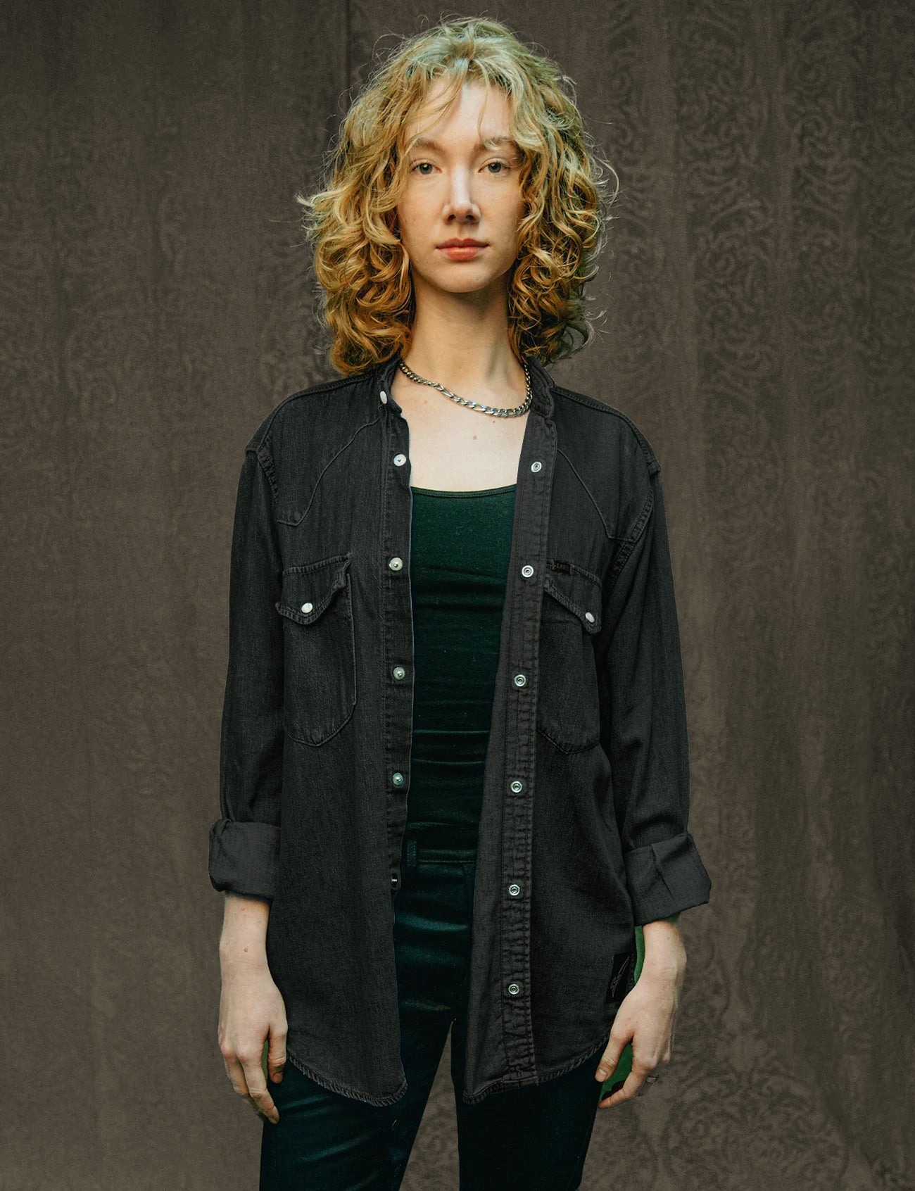 Women's Black Denim Shirt with Black Sequin Sheer Back | Stuart Trevor