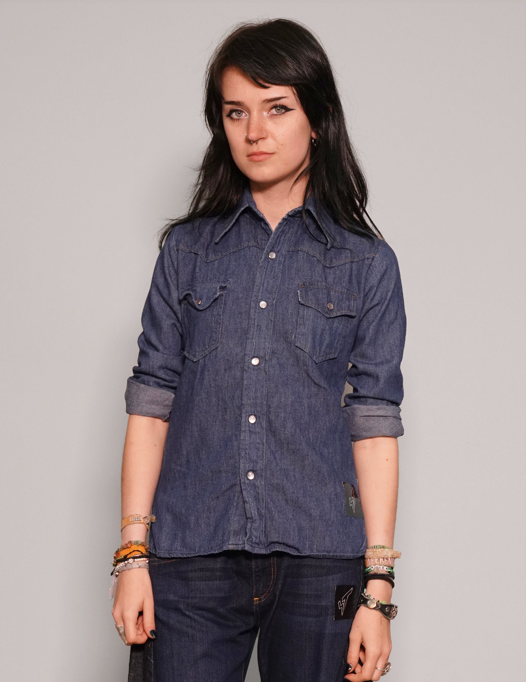 Women's Vintage Blue Denim Slim Fit Shirt with Gold Sequin Back | Stuart Trevor