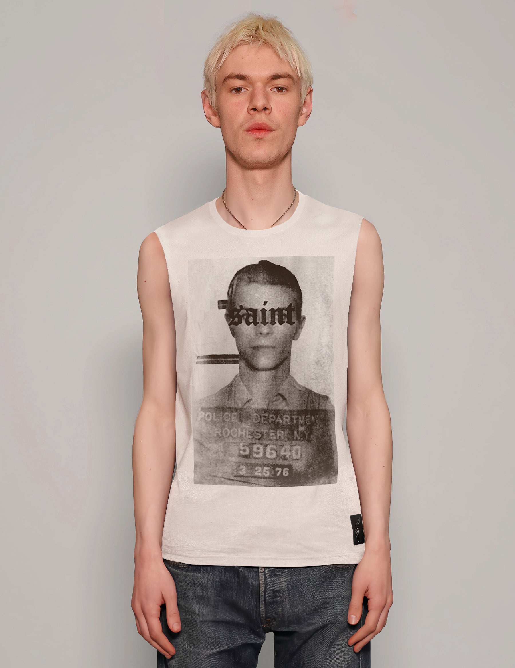 Men's Graphic T-Shirt Vest with David Bowie Print in White | Stuart Trevor
