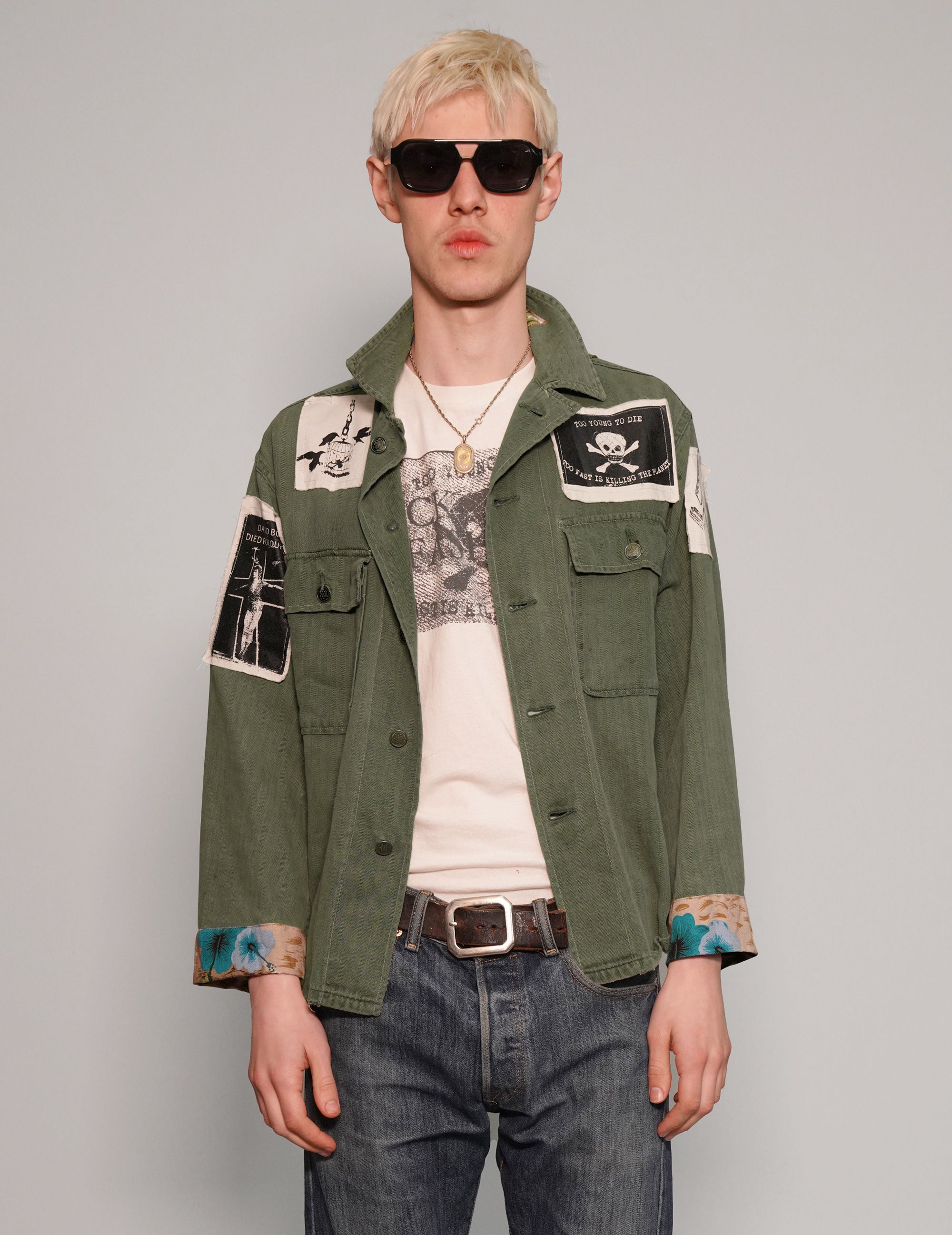 Men's Vintage Army Shirt with Patches in Khaki Green | Stuart Trevor