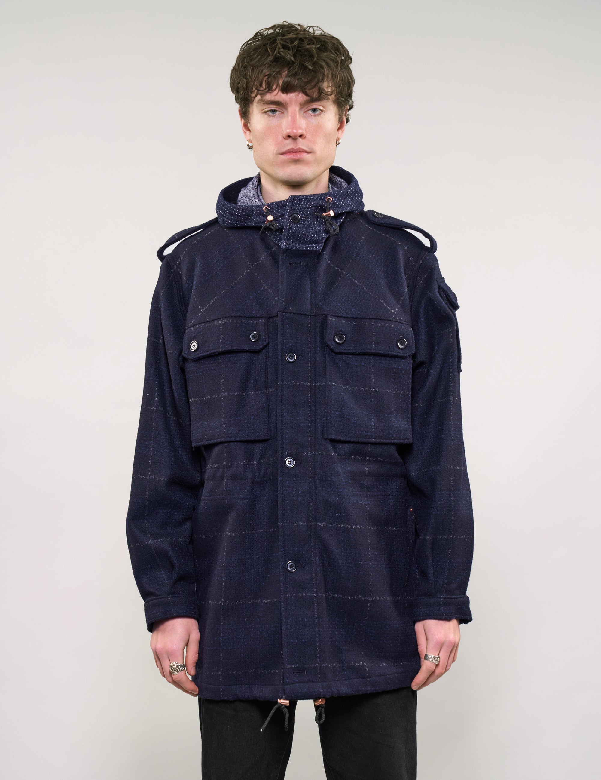 IMMORTAL Hooded Wool Parka in Windowpane Check