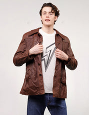 'Peace' Laser Printed Brown Leather Jacket