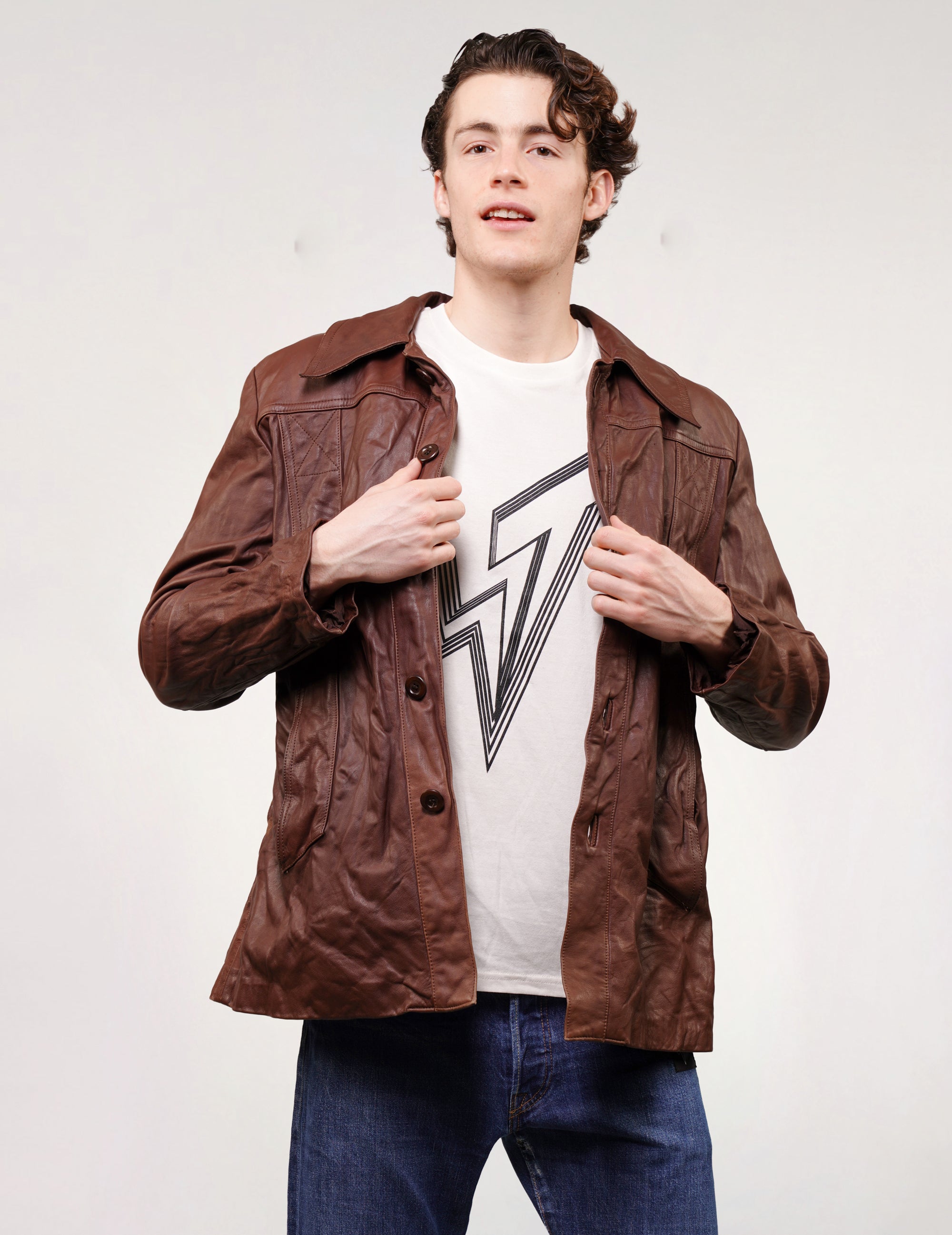 'Peace' Laser Printed Brown Leather Jacket