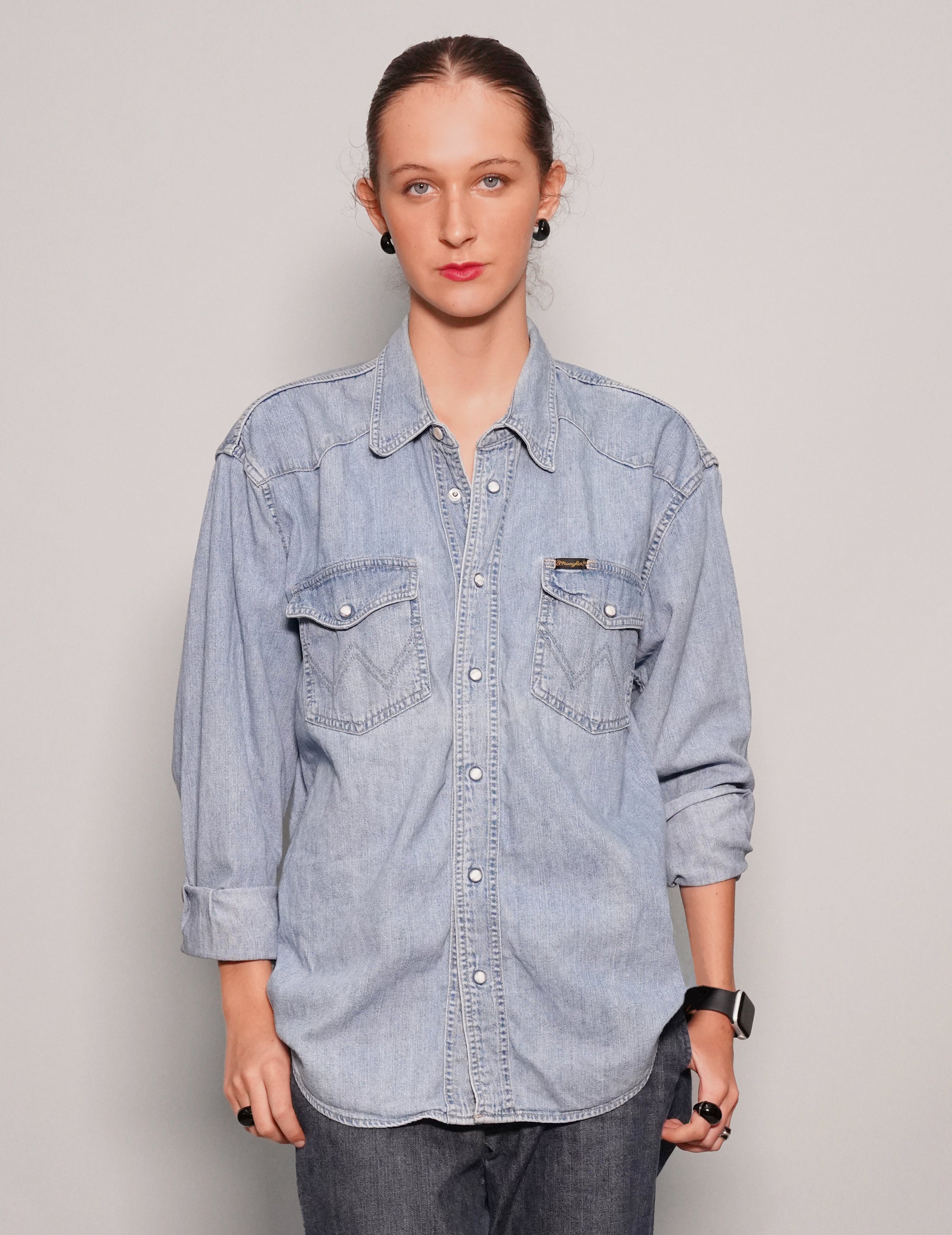 Women's Vintage Light Blue Denim Shirt with Black Sequin Sheer Back | Stuart Trevor
