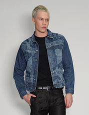 'Peace' Laser Print Denim Jacket in Blue