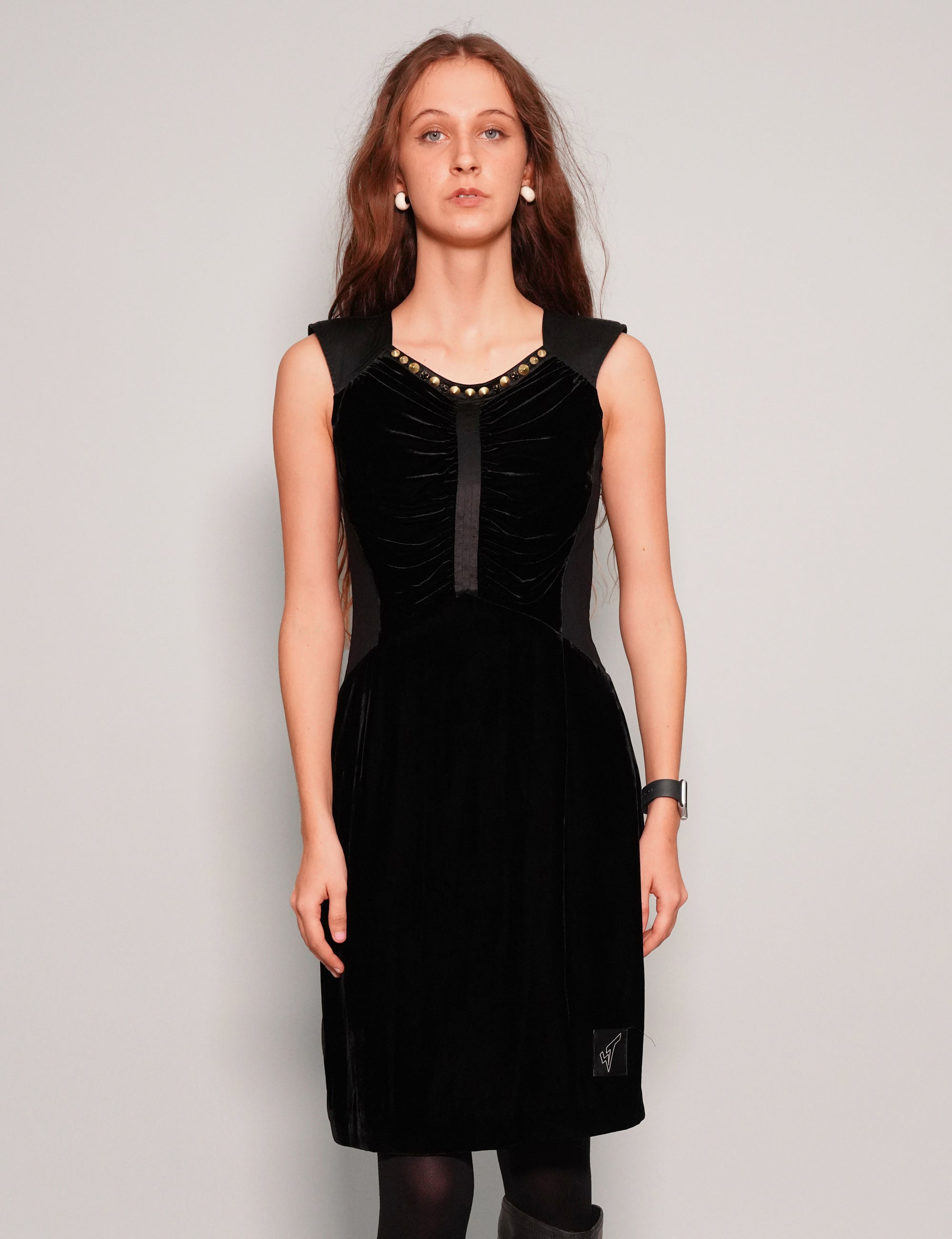 Women's Vintage Velvet Mini Dress with Studded Neckline in Black | Stuart Trevor